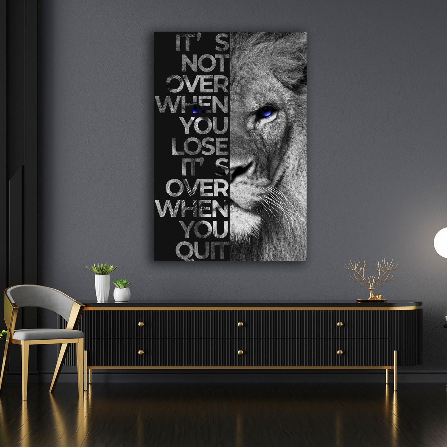 Wandbild Kunstwerk Motivation Löwe Balck & White Style, Zitat