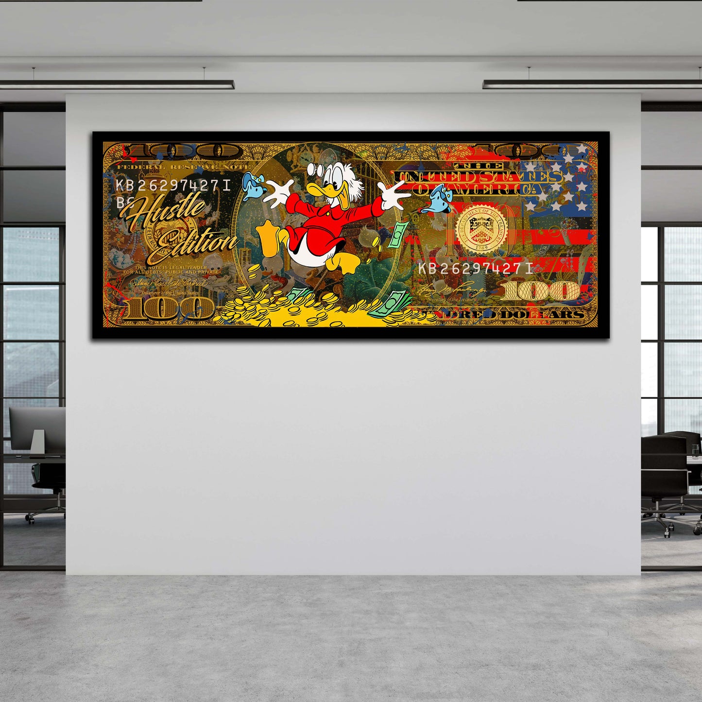 Wandbild Kunstwerk 100 Dollar Comic Duck Pop Art USA, Motivation