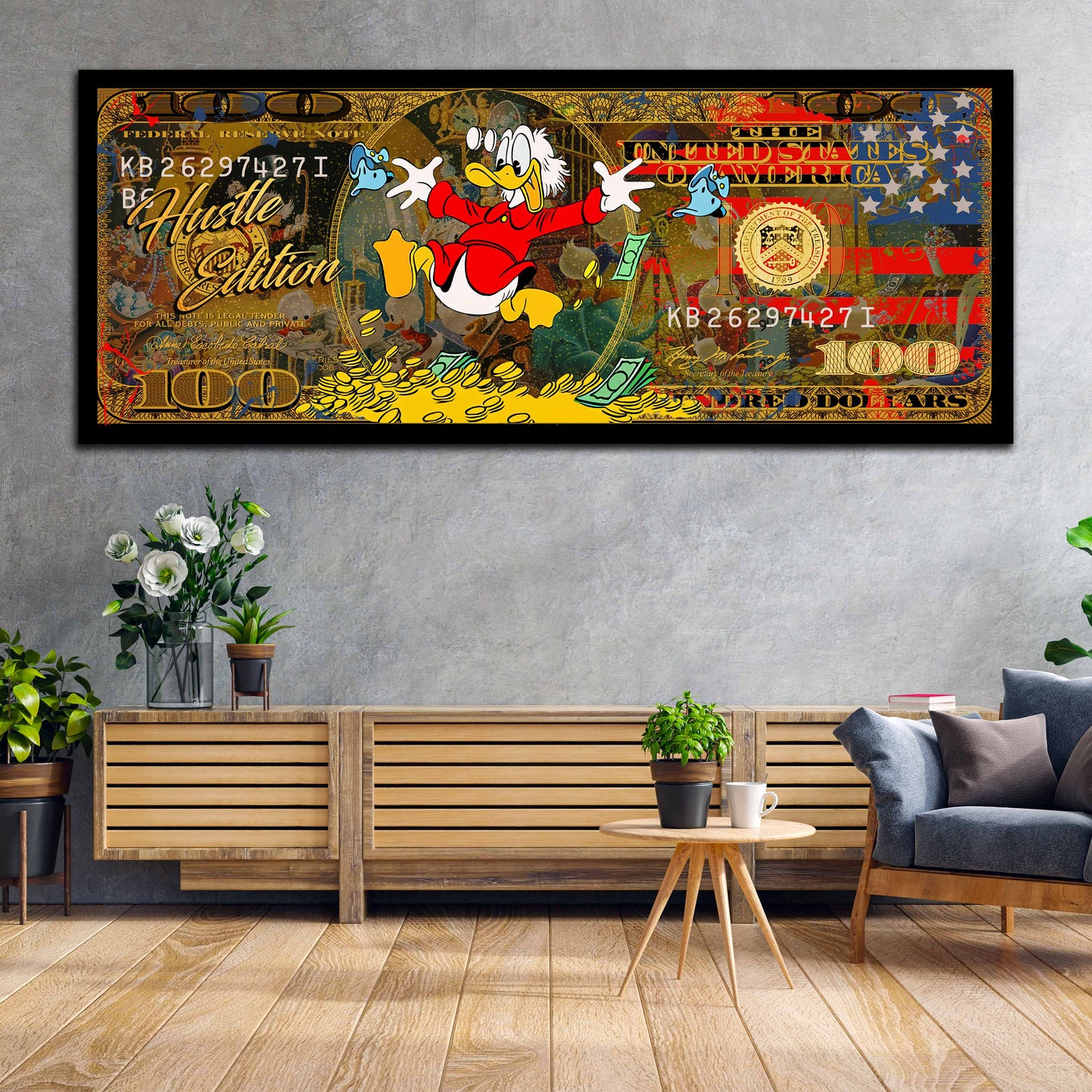 Wandbild Kunstwerk 100 Dollar Comic Duck Pop Art USA, Motivation