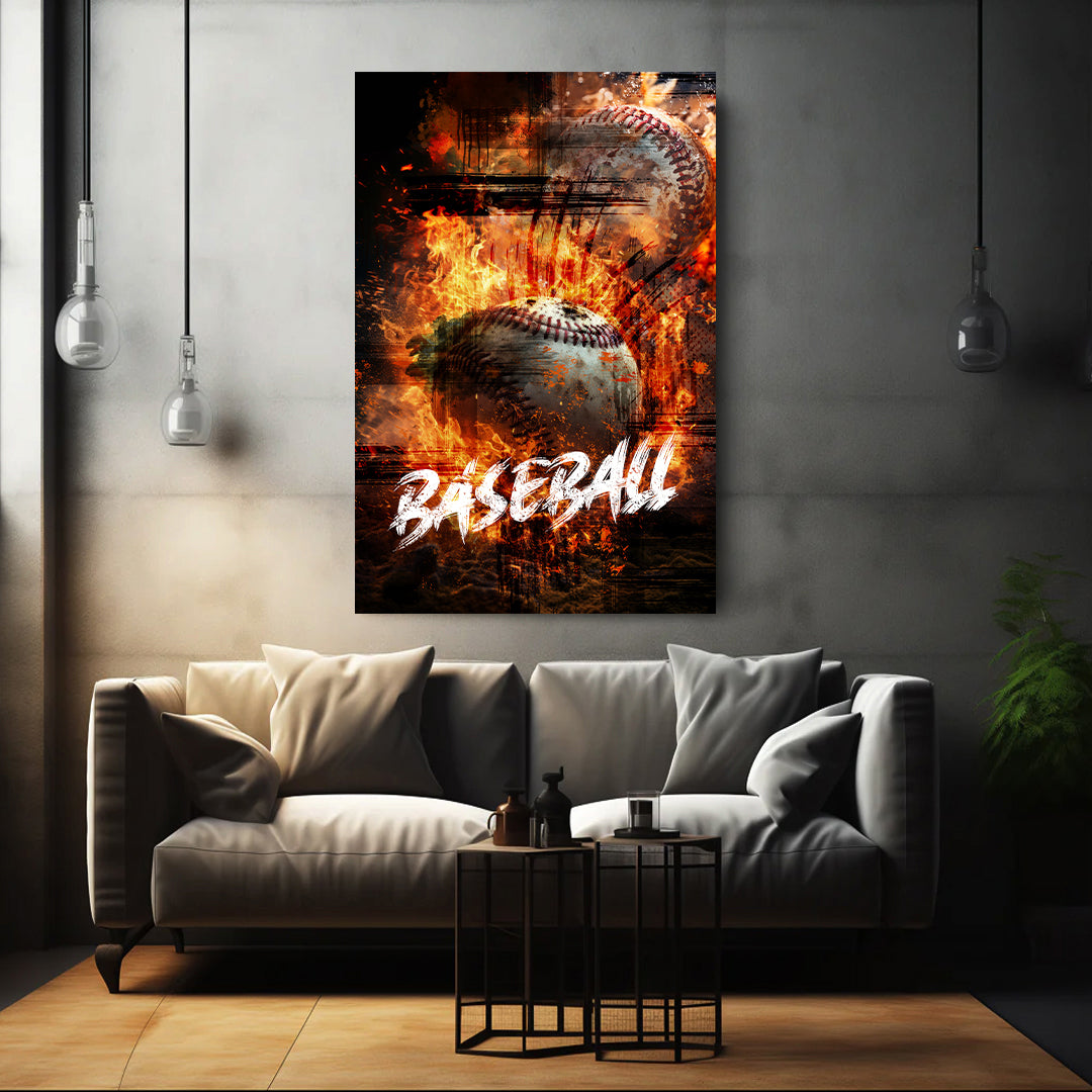 Wandbild Kunstwerk Baseball Feuerball in Flammen