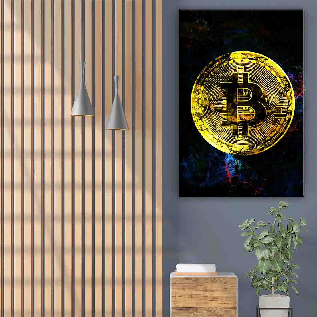 Wandbild Kunstwerk Bitcoin Dark Blue, Kryptowährung, Trading & Börse