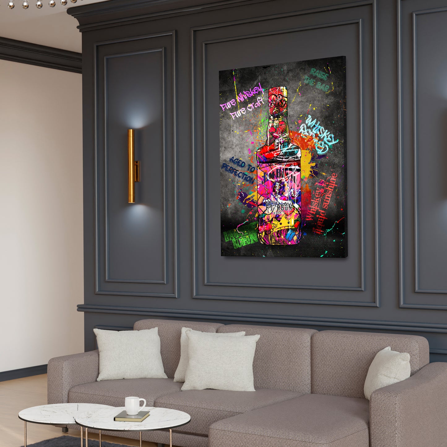 Wandbild Kunstwerk Bourbon Whiskyflasche Street Art Stil bunte Graffiti Elemente