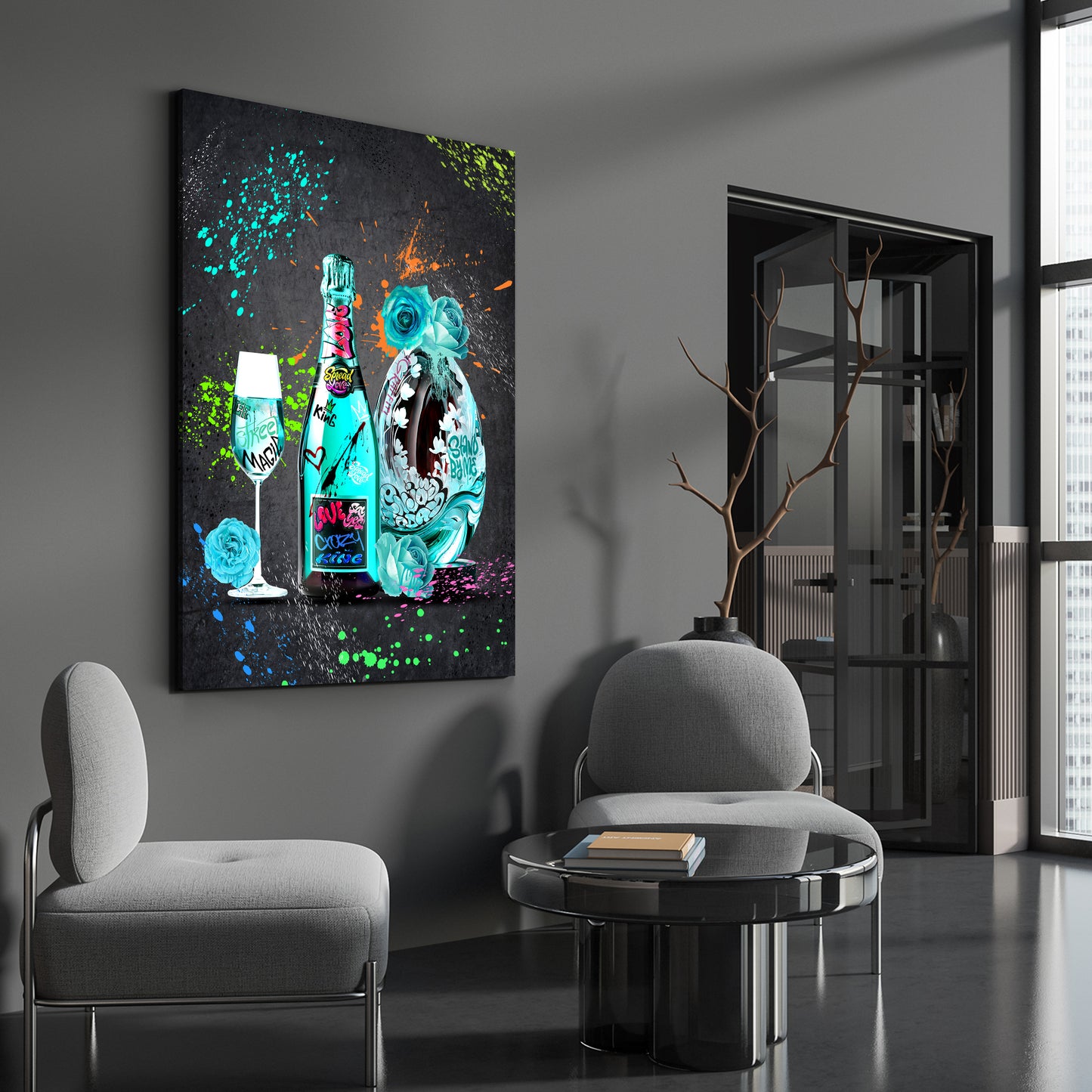 Wandbild Kunstwerk Champagner und Street Art Stil mit urbanen Farben