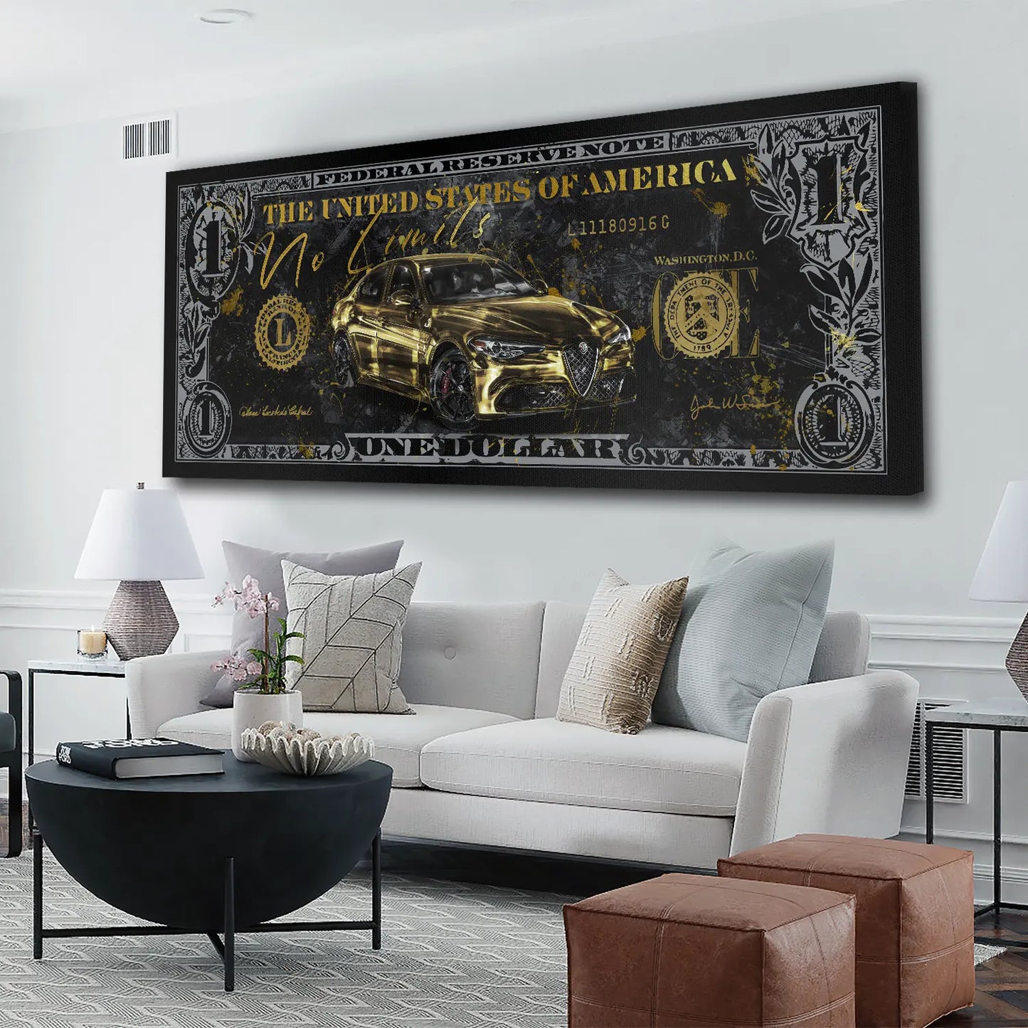 Wandbild Kunstwerk Dollar Sportwagen Italien, Pop Art