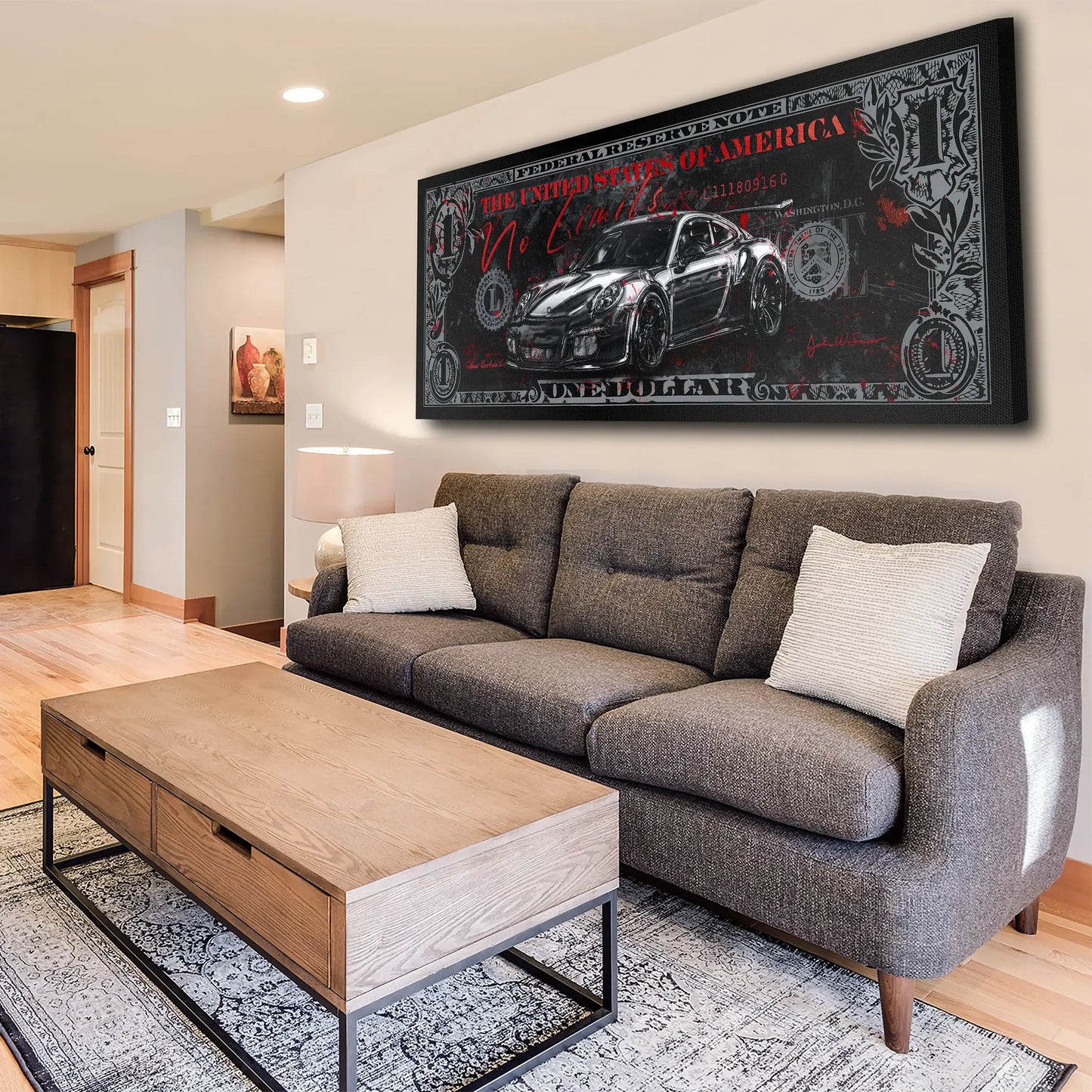 Wandbild Kunstwerk Dollar Sportwagen No Limits Silver Edition, Motivation