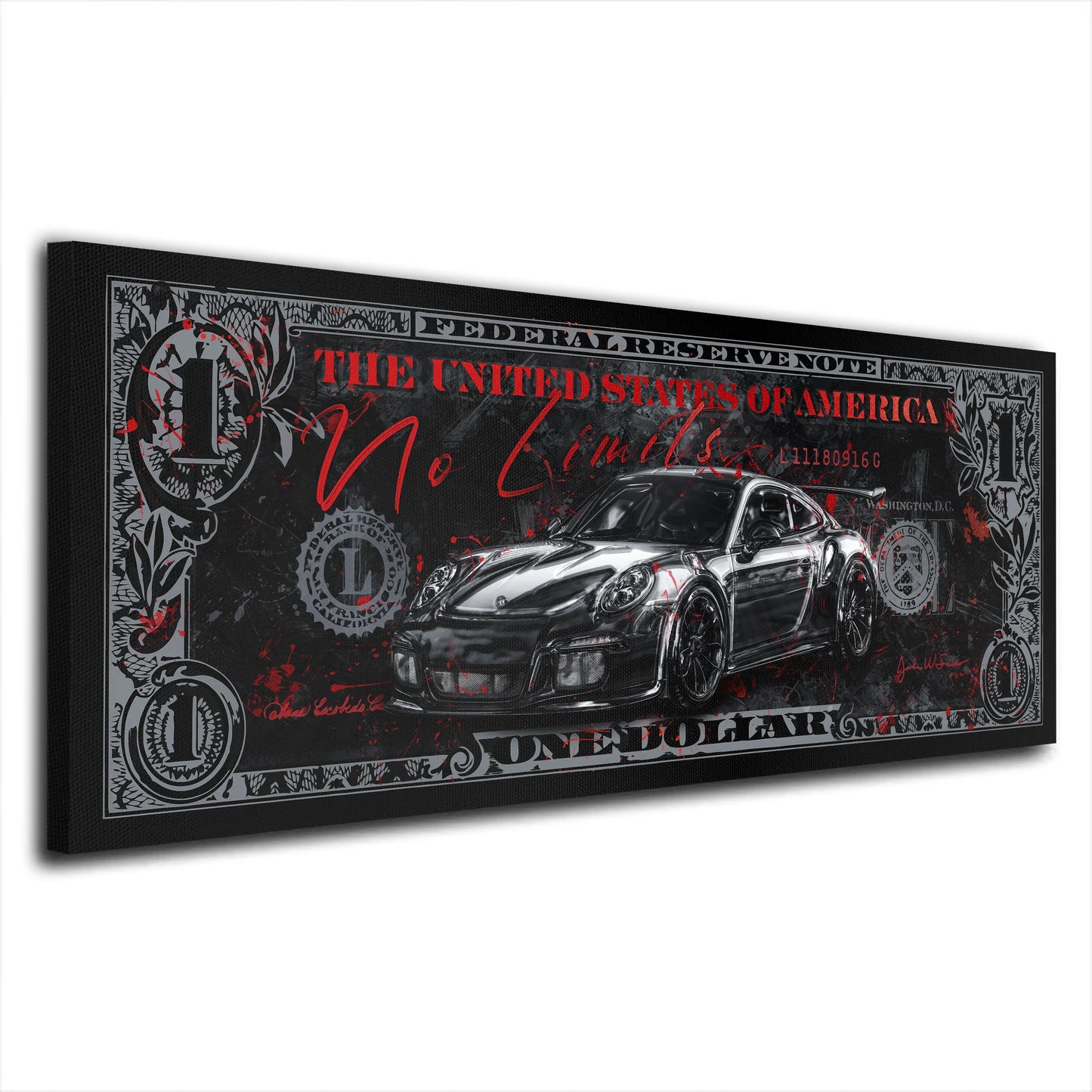 Wandbild Kunstwerk Dollar Sportwagen No Limits Silver Edition, Motivation