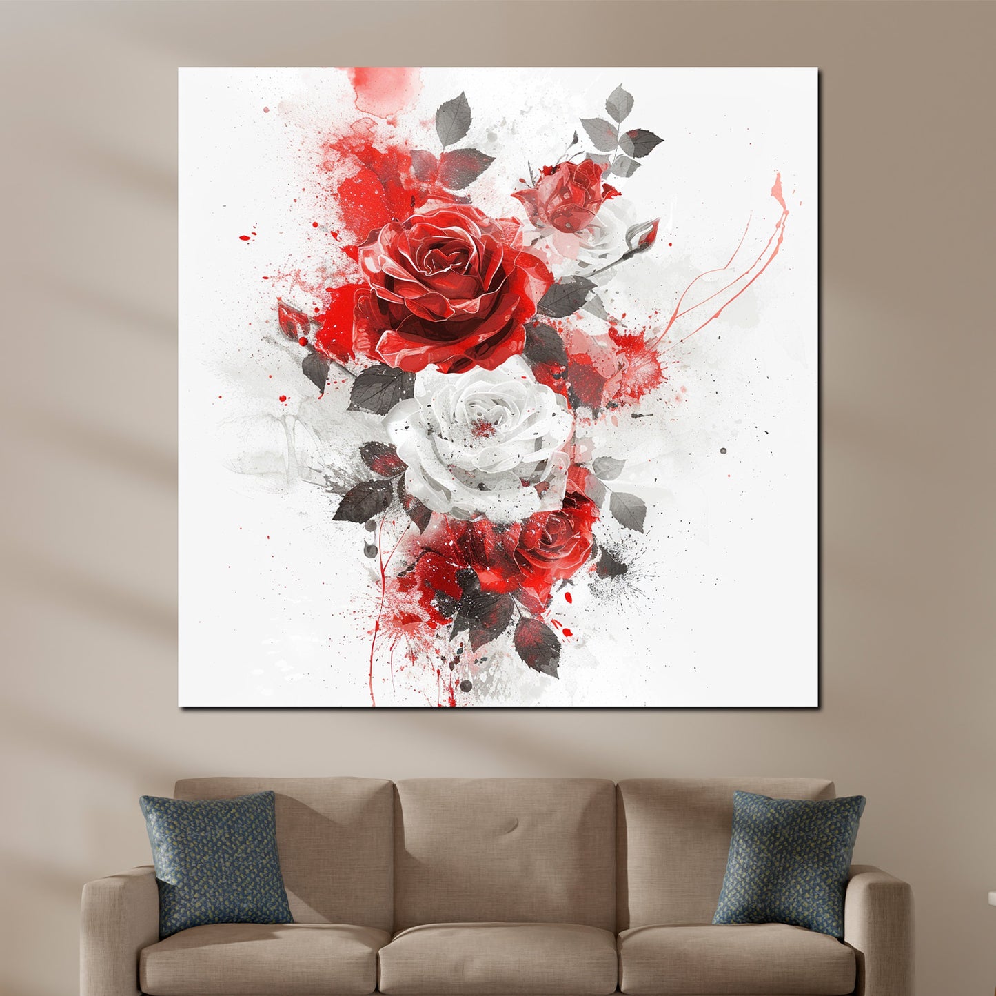 Wandbild Kunstwerk Elegante Rosen mit Farbspritzern in rot und weiß