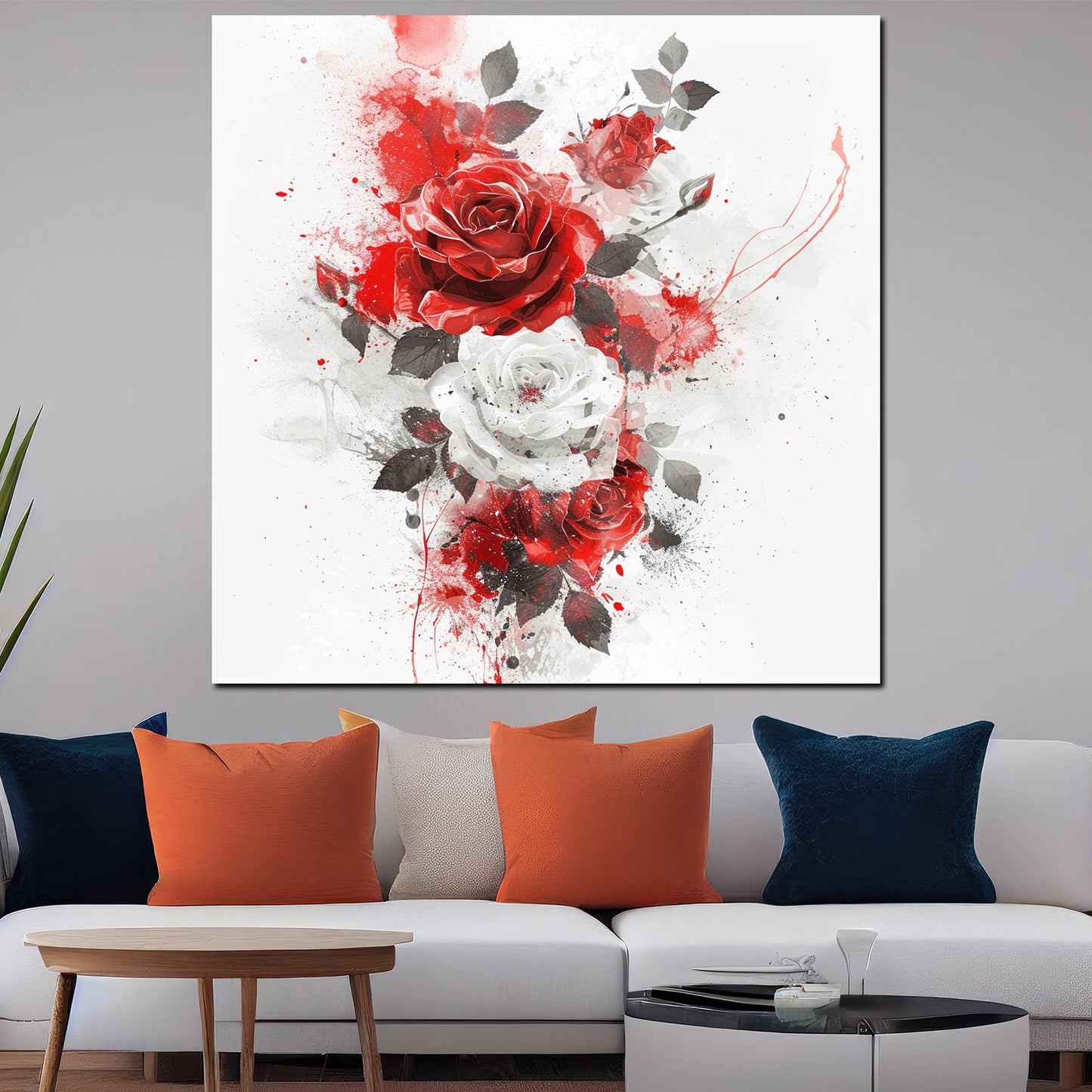 Wandbild Kunstwerk Elegante Rosen mit Farbspritzern in rot und weiß