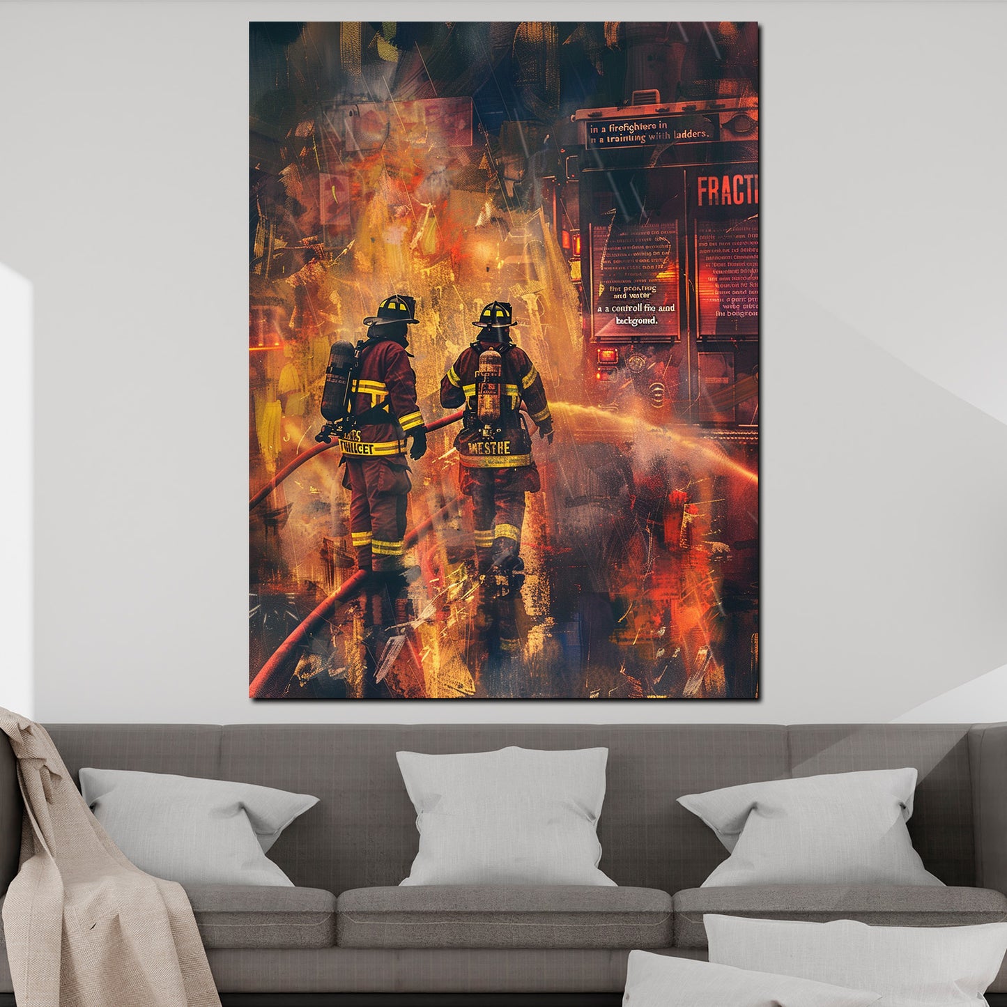 Wandbild Kunstwerk Feuerwehrmänner löschen Feuer