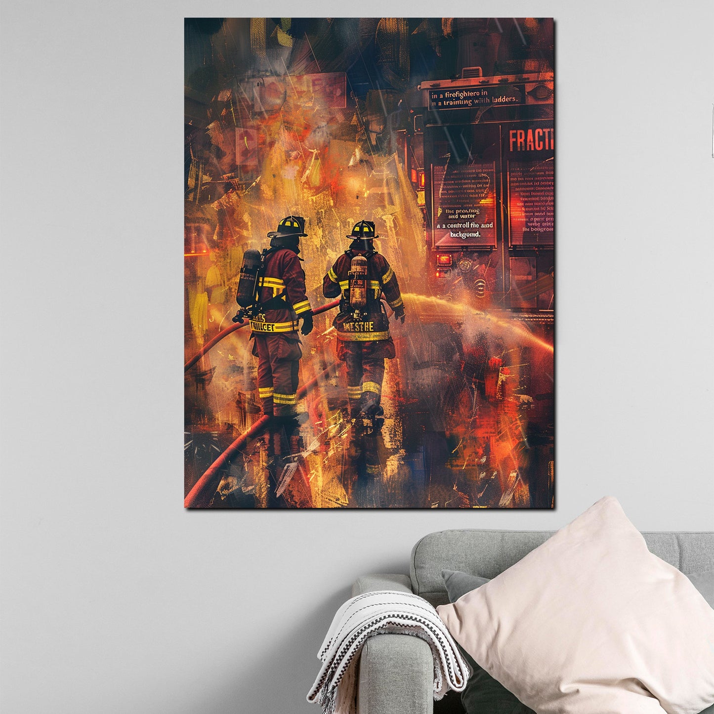 Wandbild Kunstwerk Feuerwehrmänner löschen Feuer