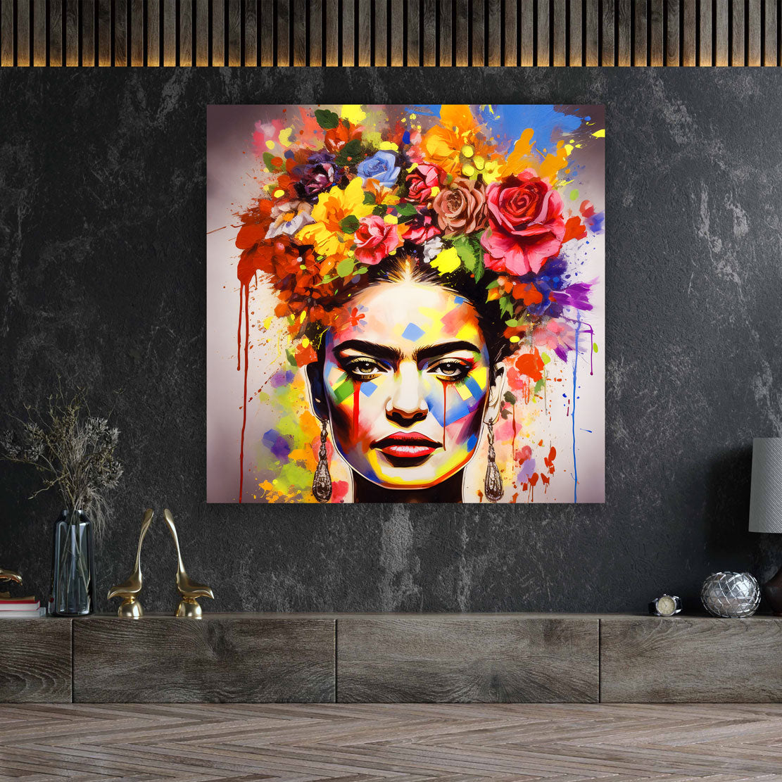 Wandbild Kunstwerk Frida farbenfrohes Portrait mit Blumen