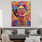 Wandbild Kunstwerk Frida lächelnd in lebendiger Pop Art mit Blumenschmuck