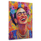 Wandbild Kunstwerk Frida lächelnd in lebendiger Pop Art mit Blumenschmuck