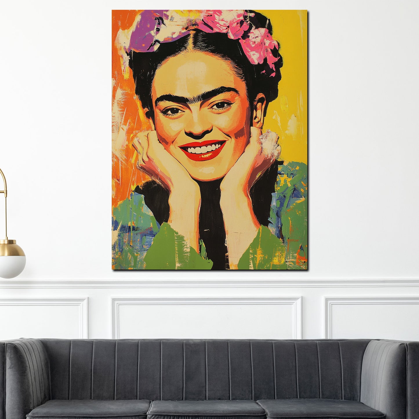 Wandbild Kunstwerk Frida lächelnd in lebendiger Pop Art mit Blumenschmuck