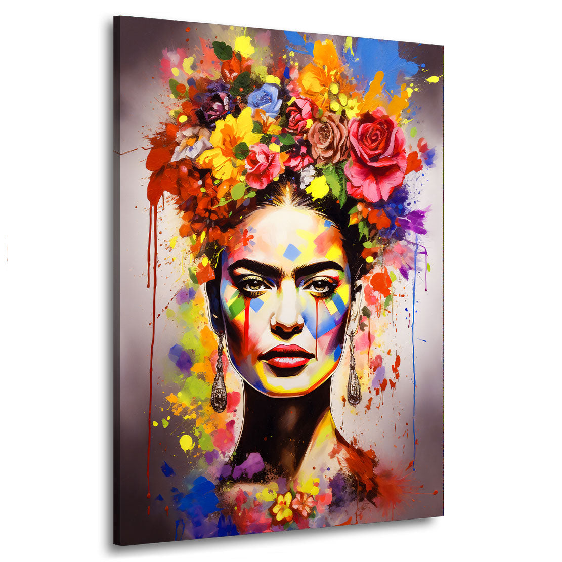 Wandbild Kunstwerk Frida mit Blumen und Farben im Pop Art Stil