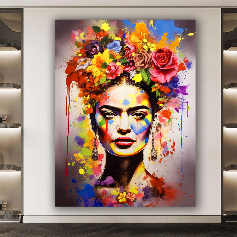 Wandbild Kunstwerk Frida mit Blumen und Farben im Pop Art Stil