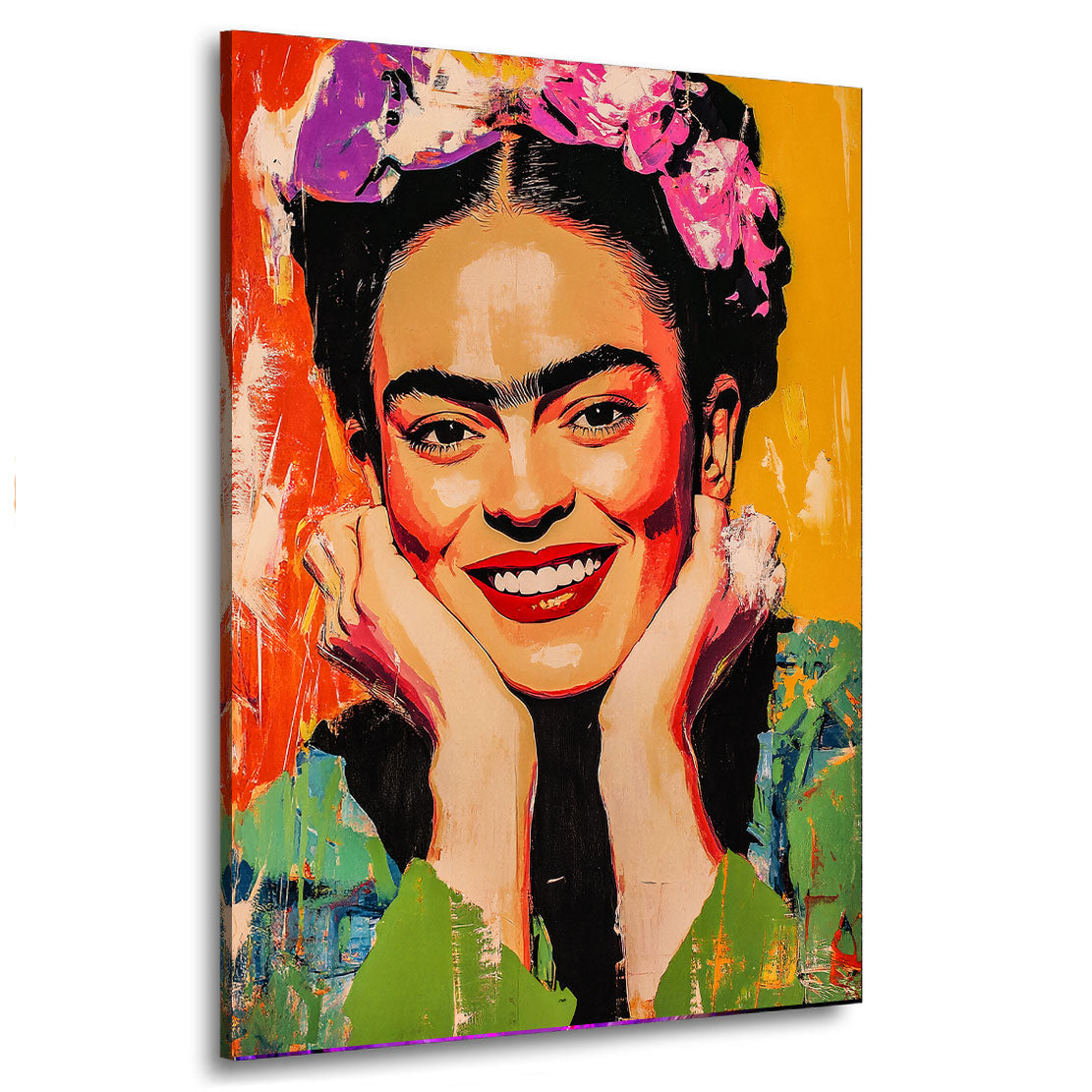 Wandbild Kunstwerk Frida mit Blumen und lebendigem Lächeln abstrakt