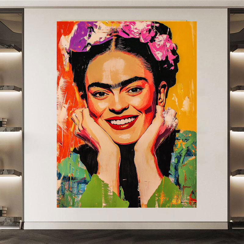 Wandbild Kunstwerk Frida mit Blumen und lebendigem Lächeln abstrakt