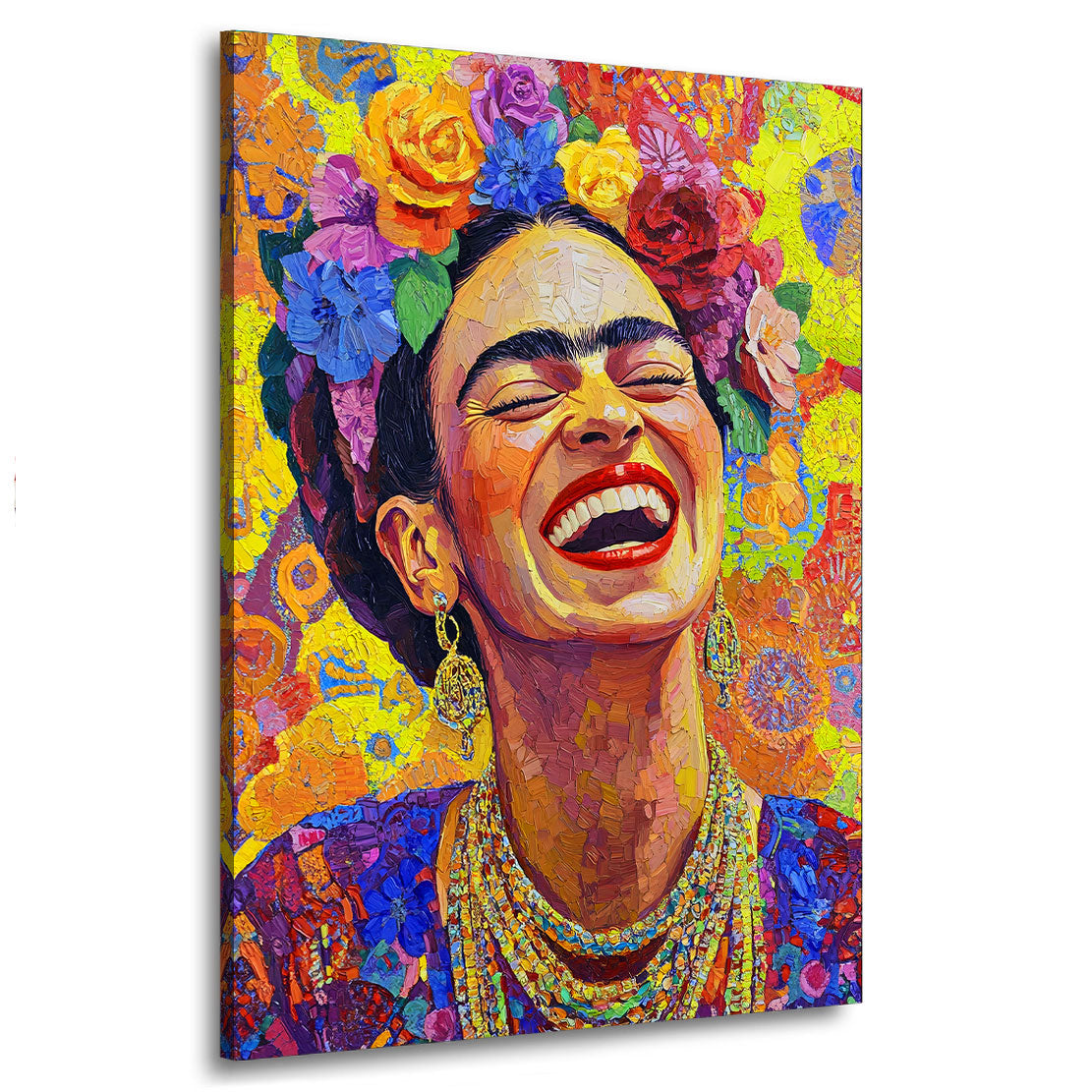 Wandbild Kunstwerk Frida mit Blumenkranz und fröhlichem Lächeln abstrakte Pop Art