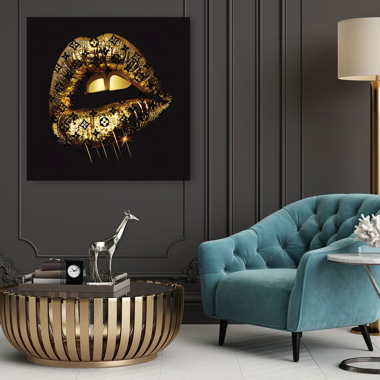 Wandbild Kunstwerk Goldene Lippen mit edlem Muster und Stil