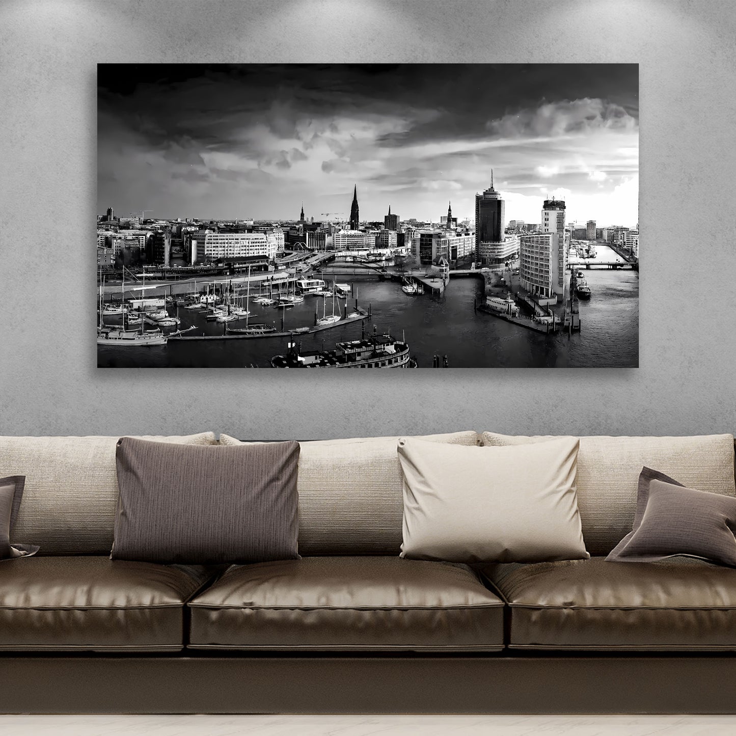 Wandbild Kunstwerk Hamburg Skyline Hafen schwarz weiss