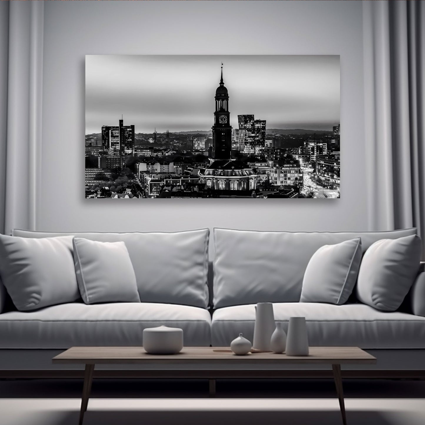 Wandbild Kunstwerk Hamburg Skyline schwarz weiß