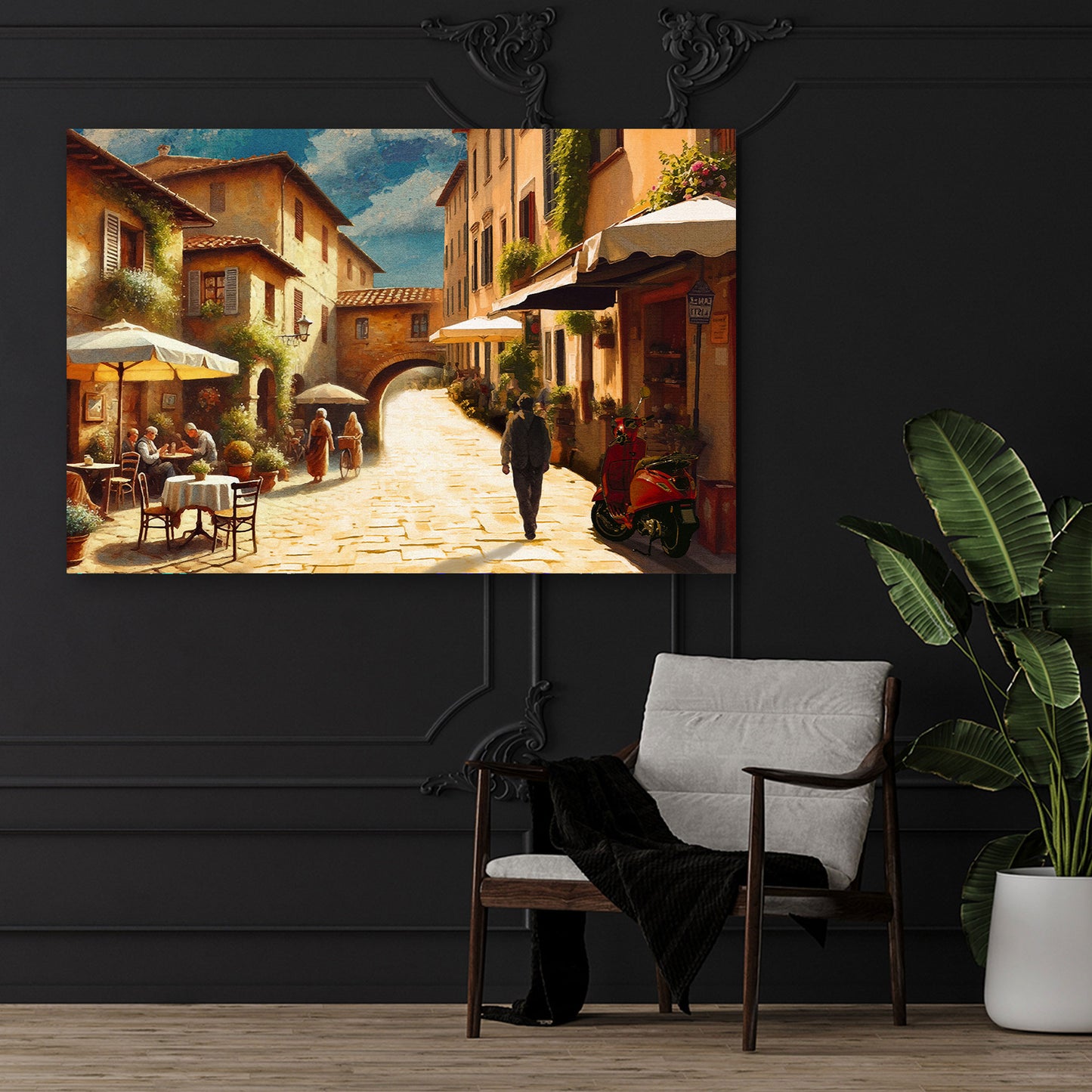 Wandbild Kunstwerk Italien Dorfstraße mit historischem Charme und Sonne