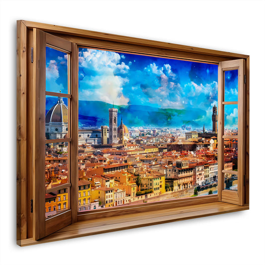 Wandbild Kunstwerk Italien Florenz durch Fenster mit Skyline und leuchtenden Farben