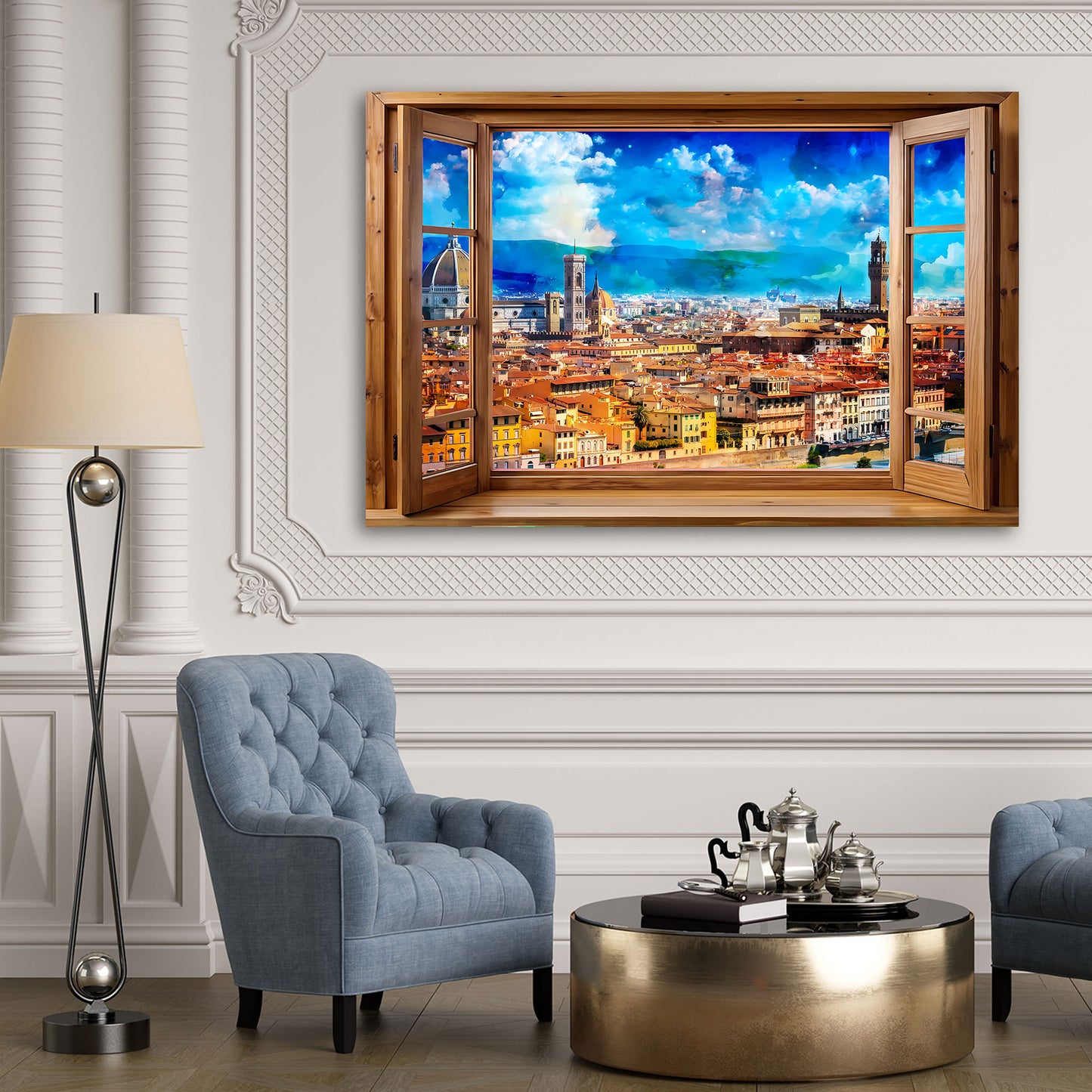 Wandbild Kunstwerk Italien Florenz durch Fenster mit Skyline und leuchtenden Farben