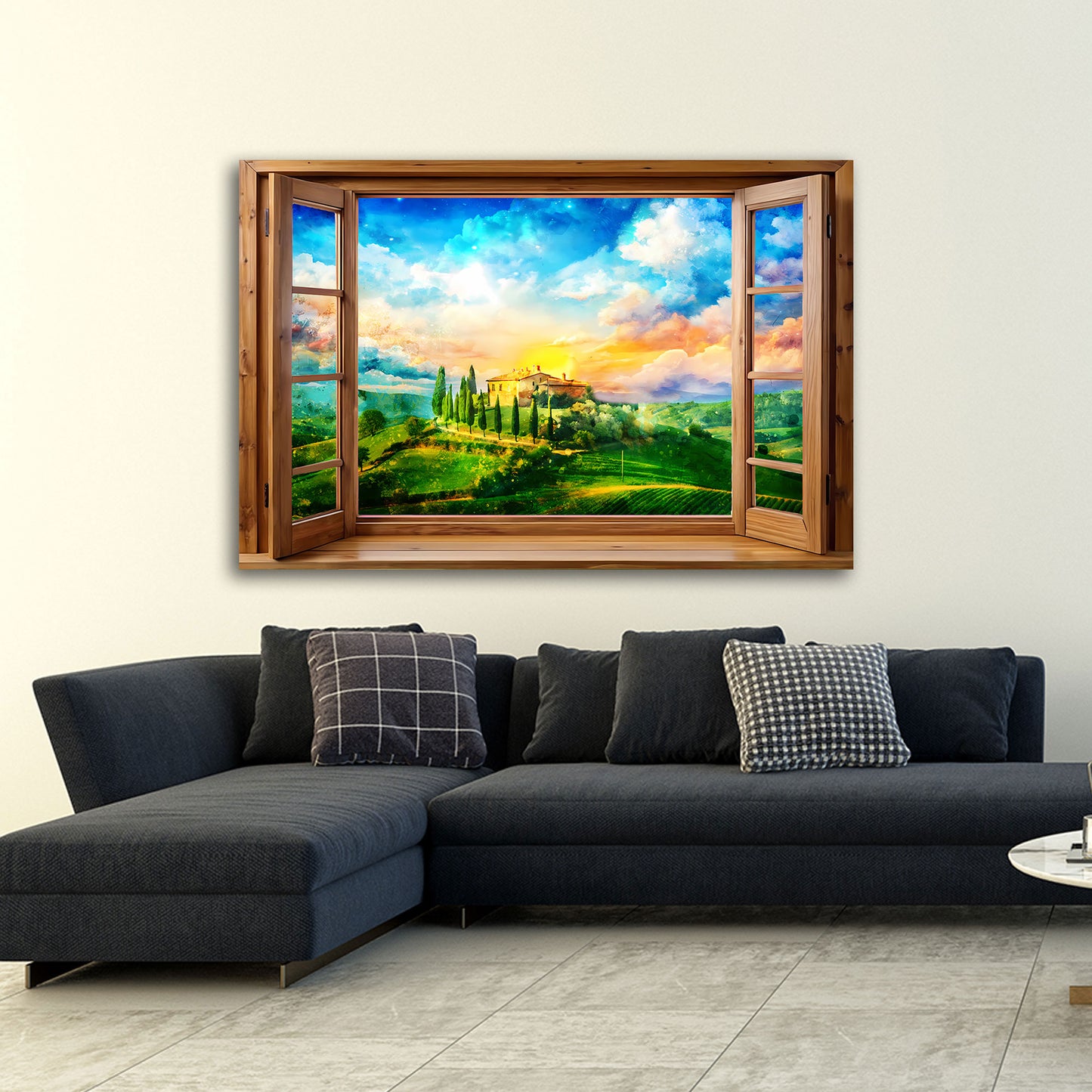 Wandbild Kunstwerk Italien Toskana durch ein Fenster mit malerischer Landschaft