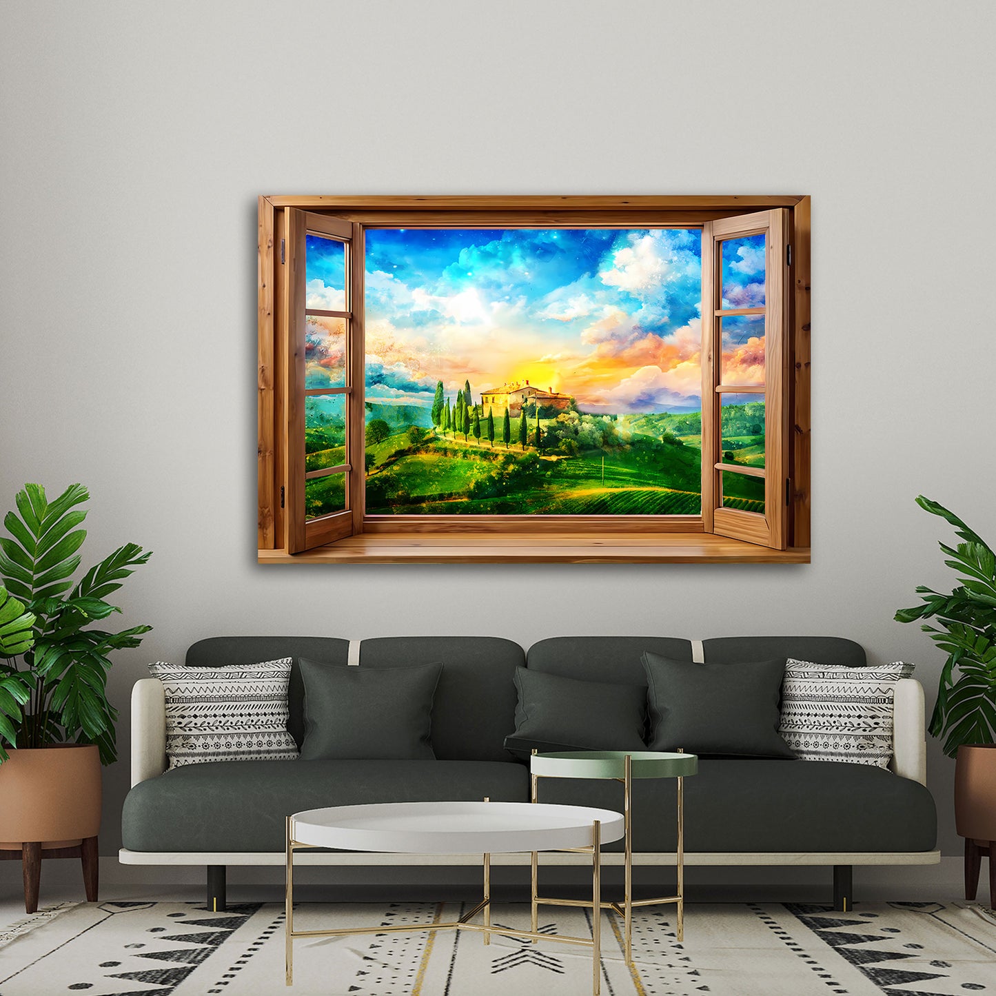 Wandbild Kunstwerk Italien Toskana durch ein Fenster mit malerischer Landschaft