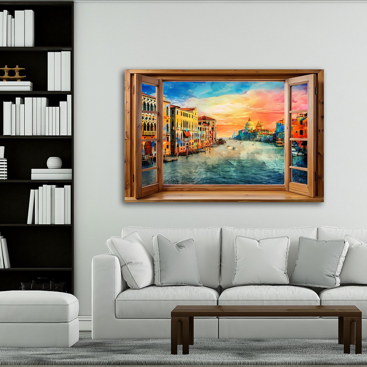 Wandbild Kunstwerk Italien Venedig durch ein Fenster mit farbenprächtigem Panorama