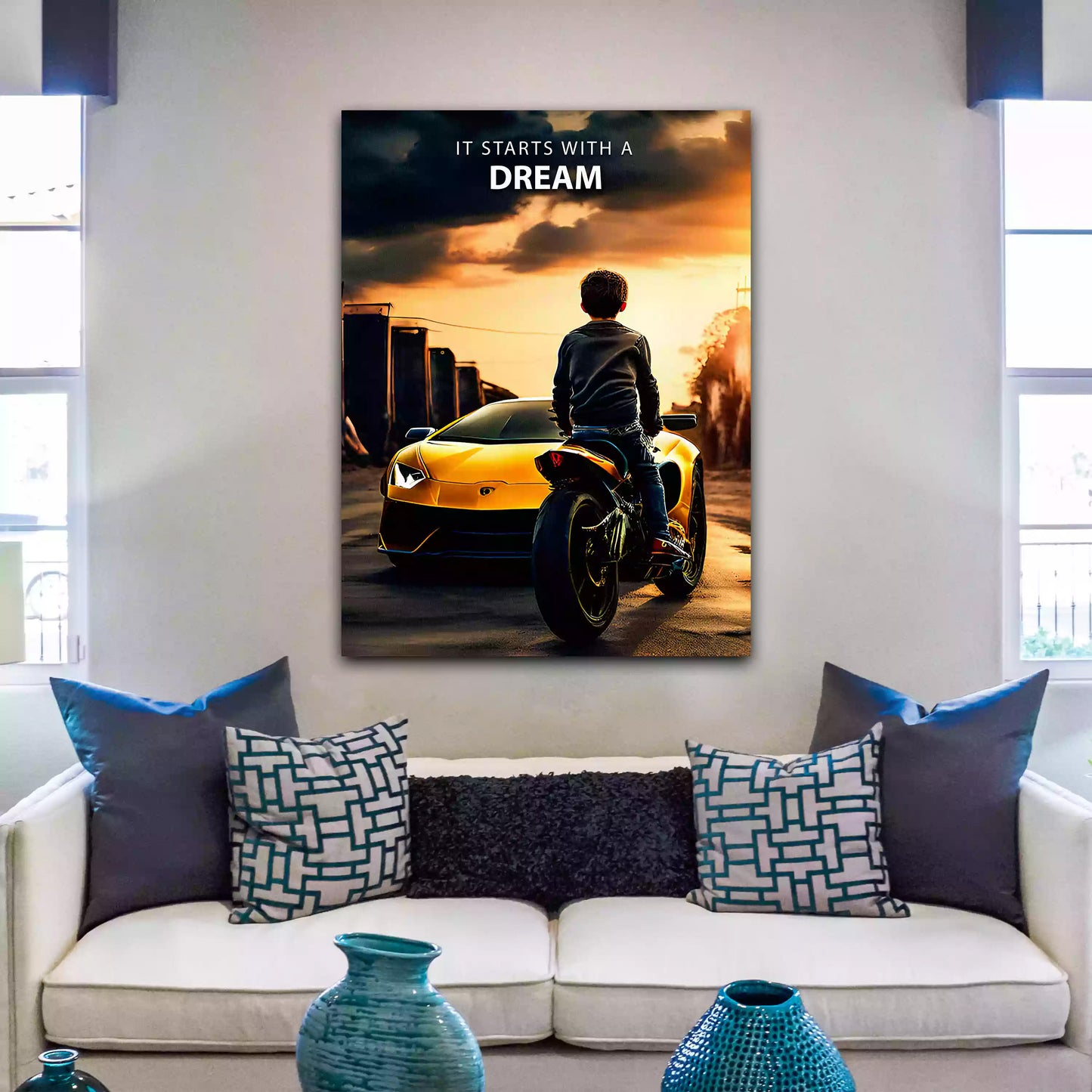 Wandbild Kunstwerk Junge Motorrad Sportwagen Zitat Inspiration Erfolg