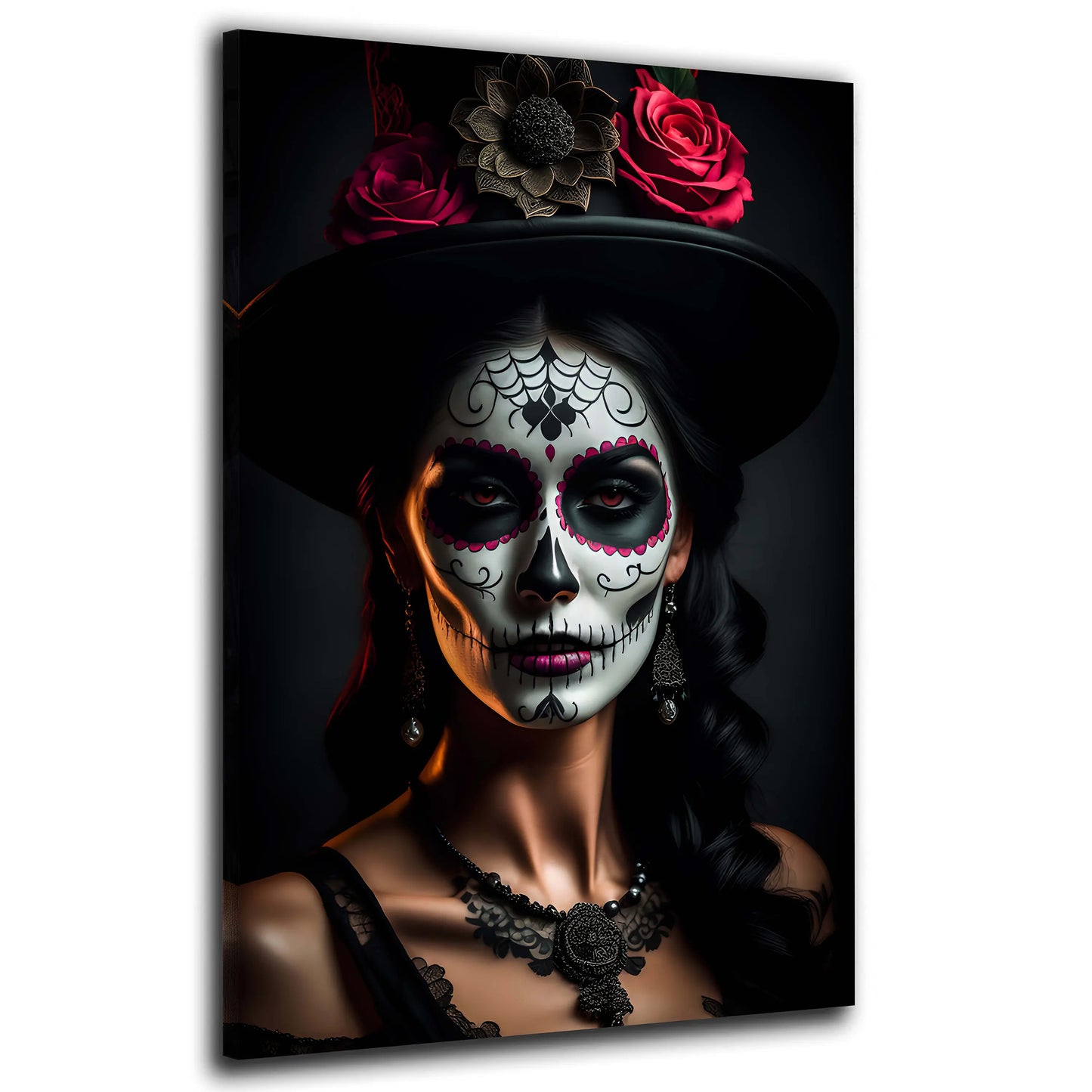 Wandbild Kunstwerk La Catrina mit Rosen und Spitzenkleid