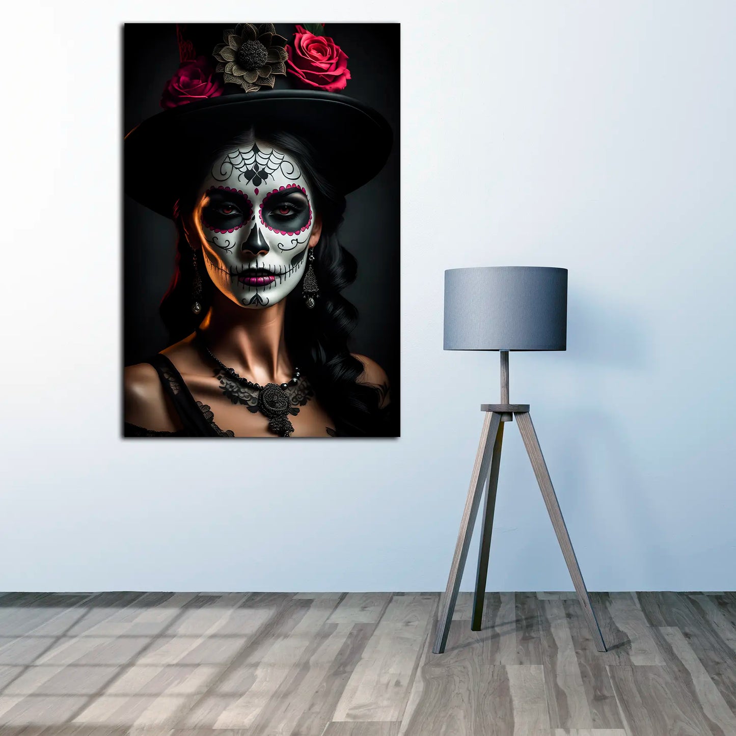 Wandbild Kunstwerk La Catrina mit Rosen und Spitzenkleid