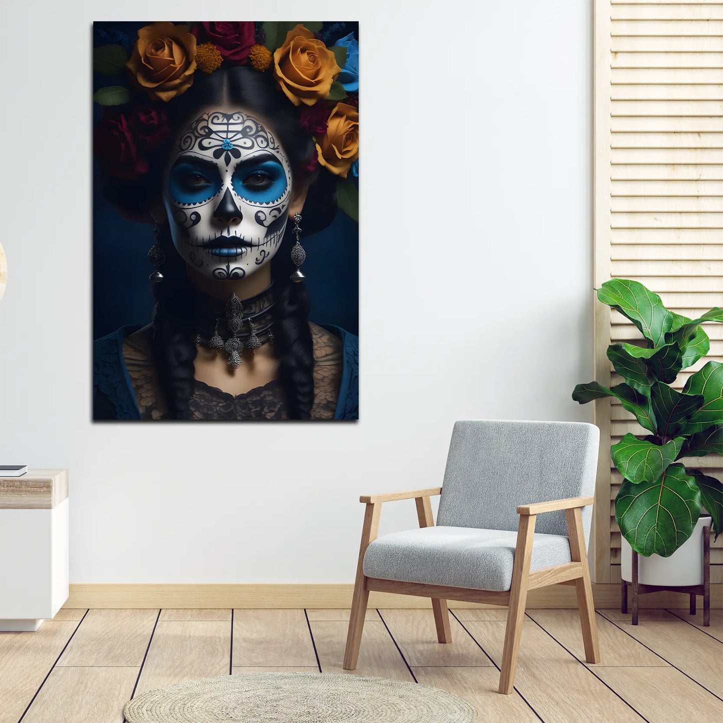 Wandbild Kunstwerk La Catrina mit Rosenkranz