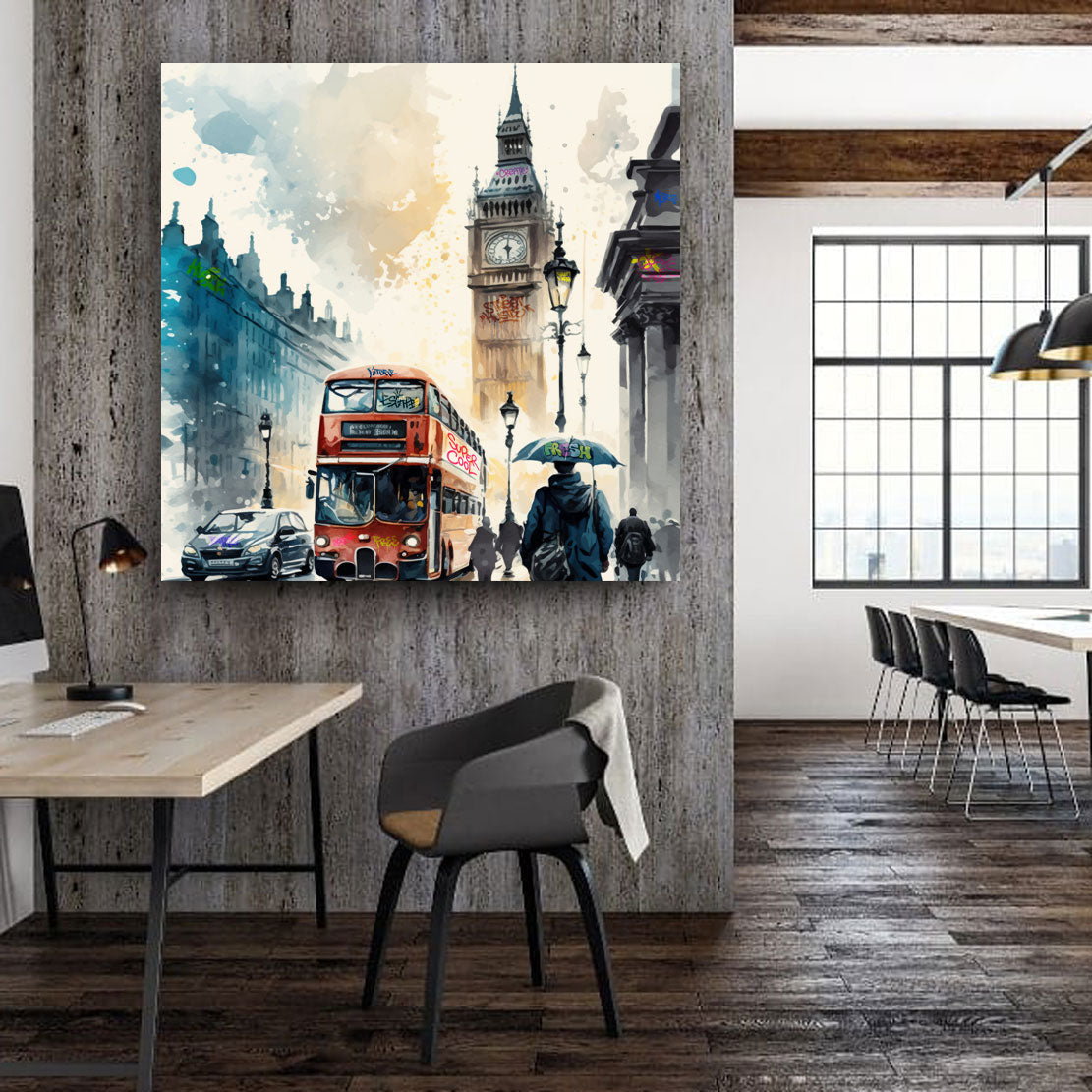 Wandbild Kunstwerk London, Big Ben Bus Watercolour