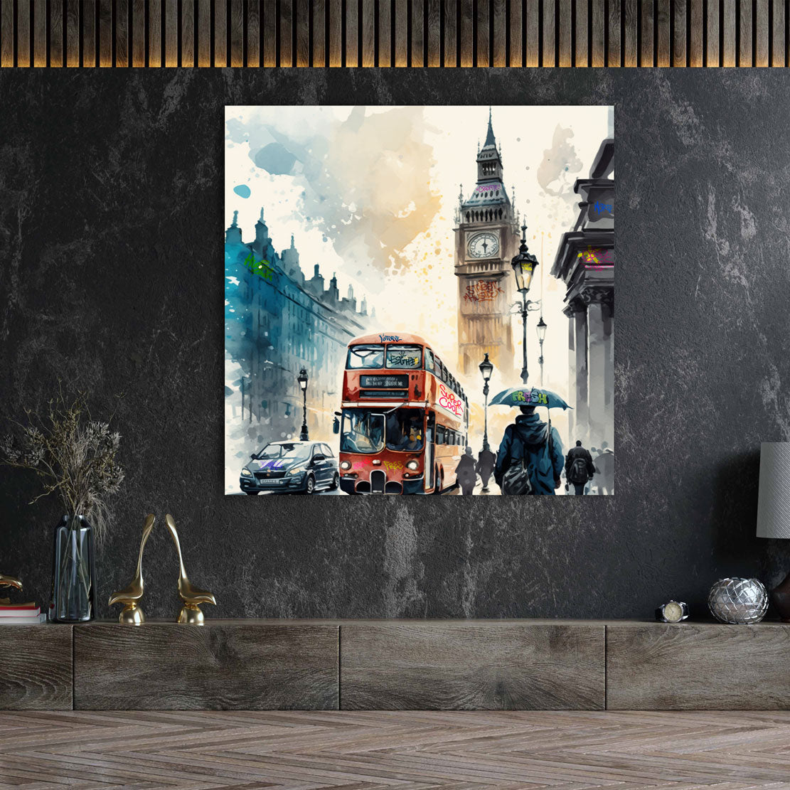 Wandbild Kunstwerk London, Big Ben Bus Watercolour