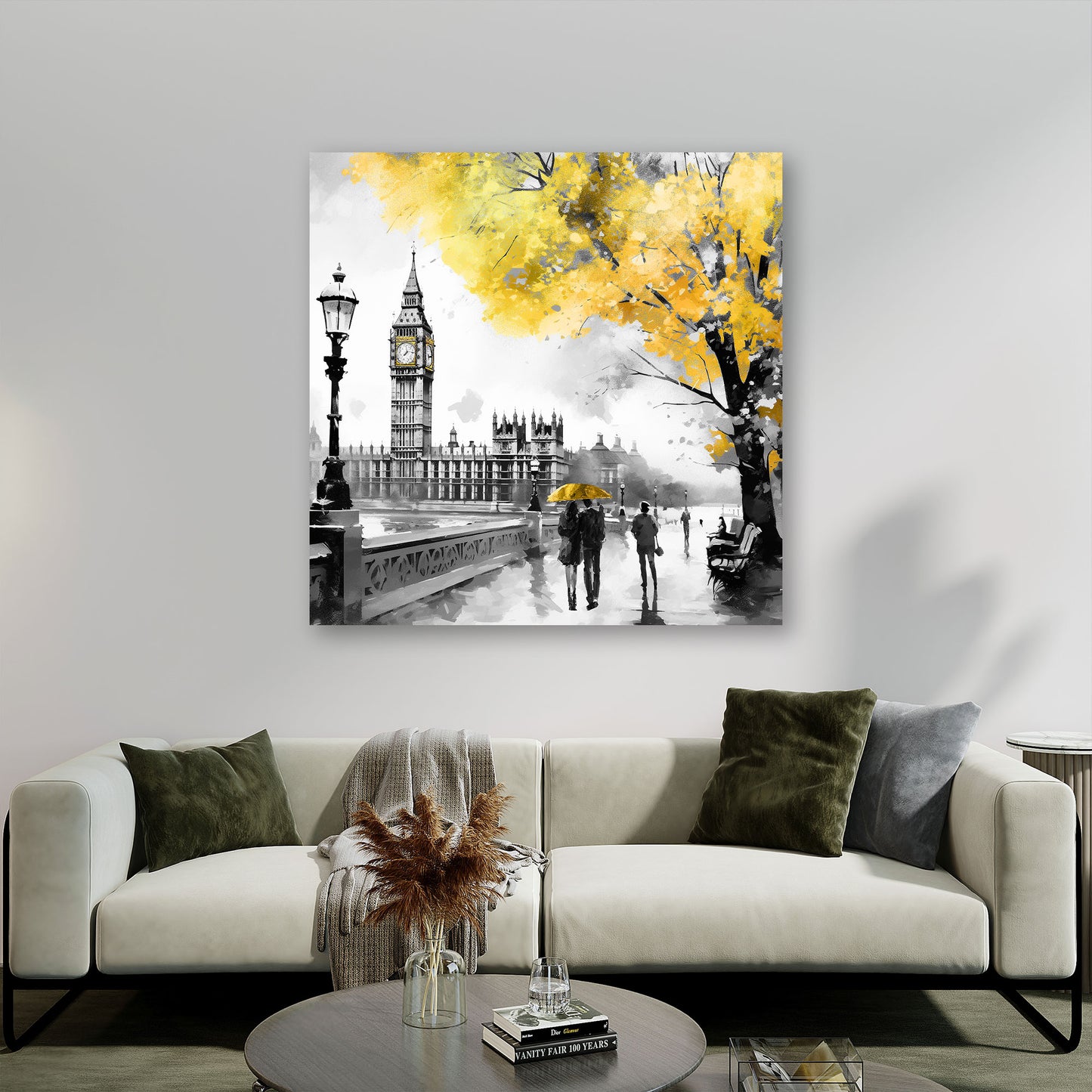 Wandbild Kunstwerk London, Big Ben schwarz weiß, goldener Baum