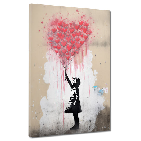 Wandbild Kunstwerk Mädchen mit rotem Ballon aus Herzen, Street Art Banksy Art