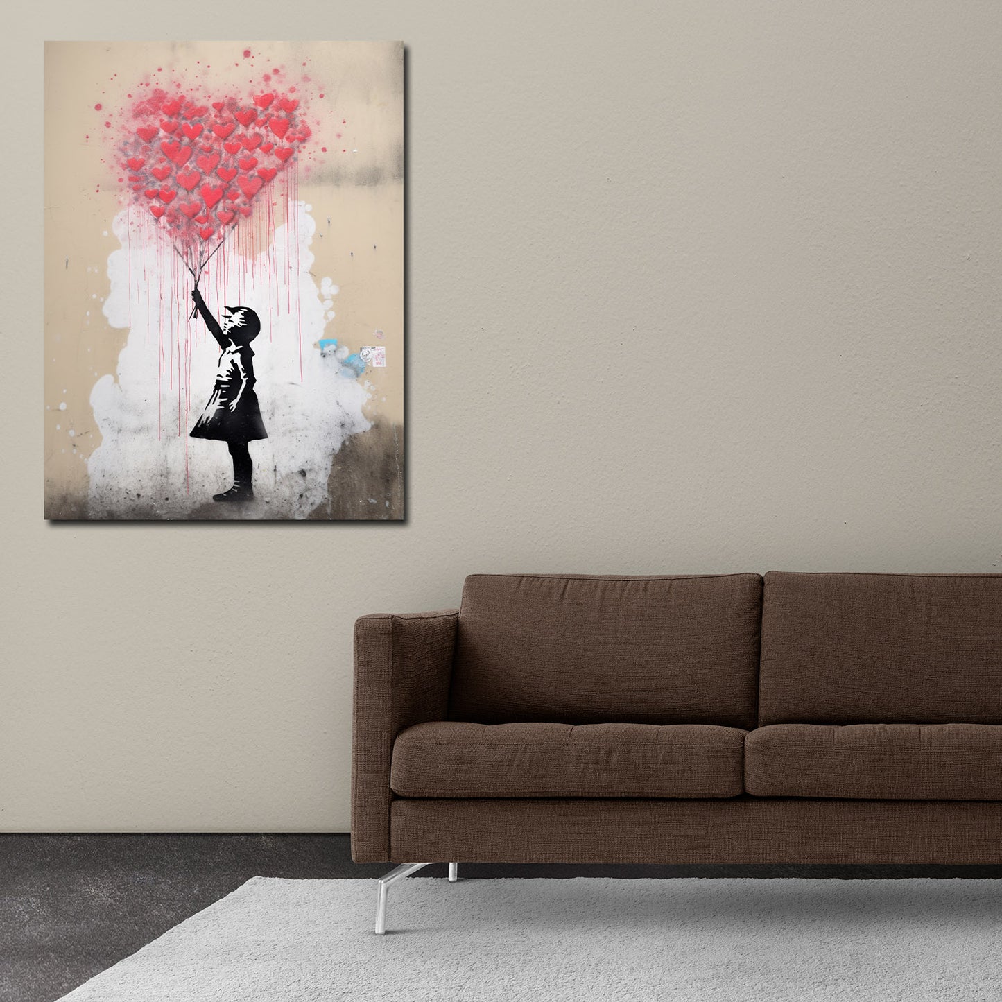 Wandbild Kunstwerk Mädchen mit rotem Ballon aus Herzen, Street Art Banksy Art