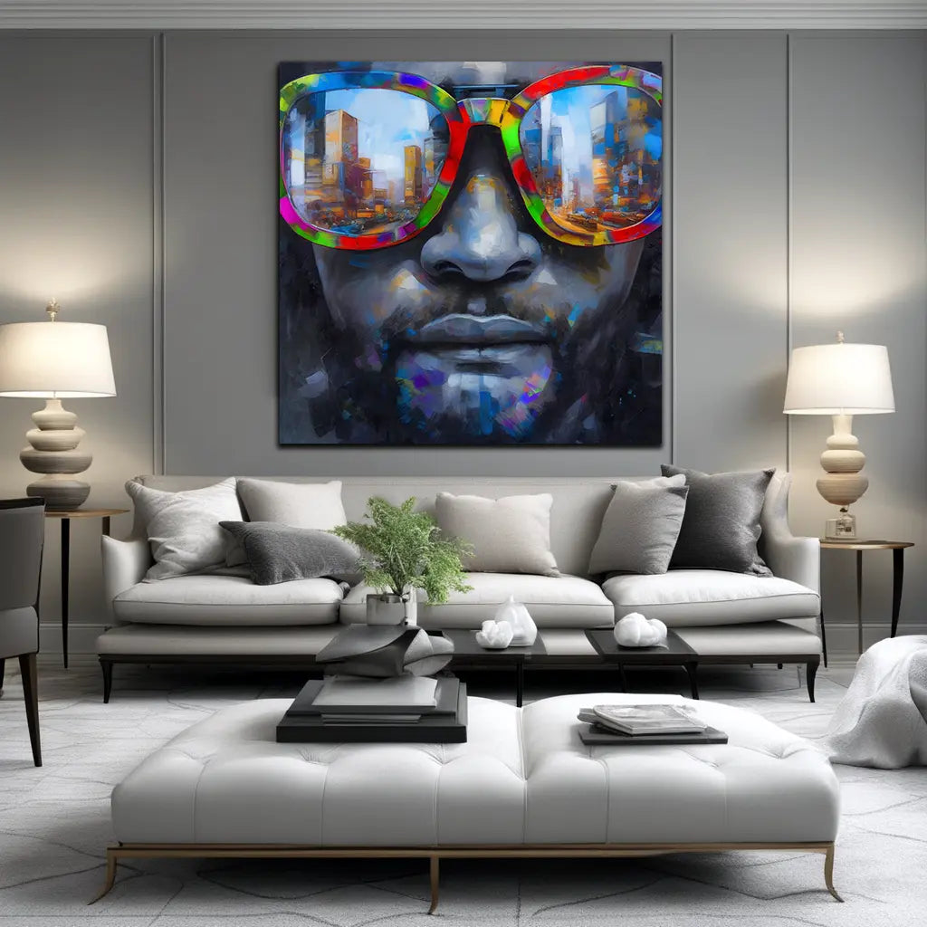 Wandbild Kunstwerk Mann mit Sonnenbrille Gesicht Pop Art