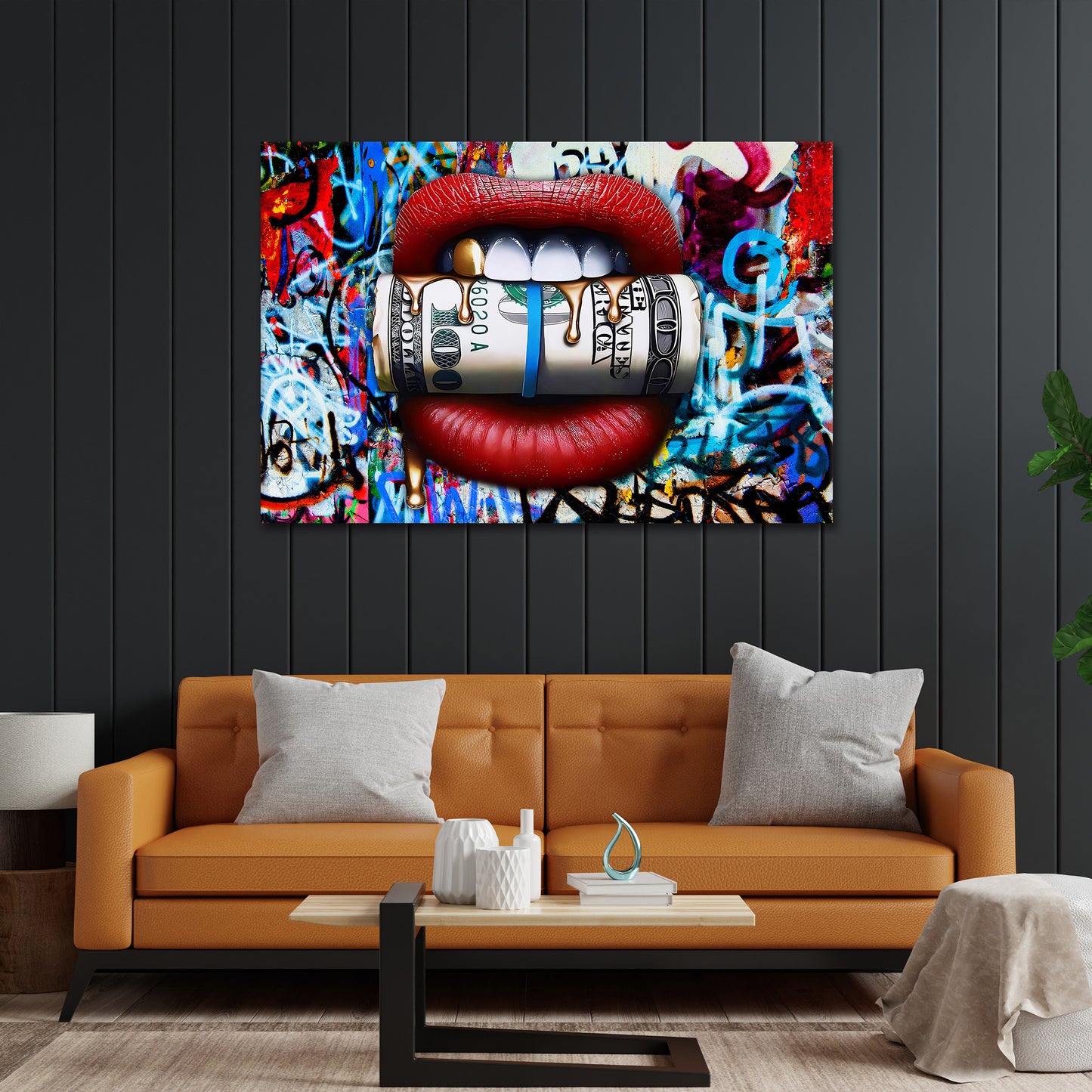 Wandbild Kunstwerk Money Lips Graffiti Pop Art Style