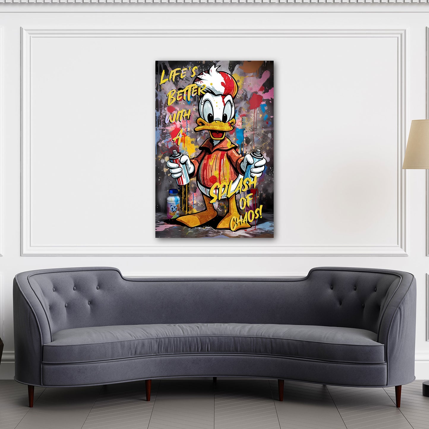 Wandbild Kunstwerk Pop Art Duck mit Graffiti und lebhaften Farben