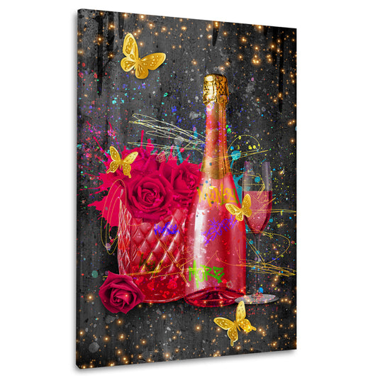 Wandbild Kunstwerk Pop Art Flasche mit Blumen und Schmetterlingen