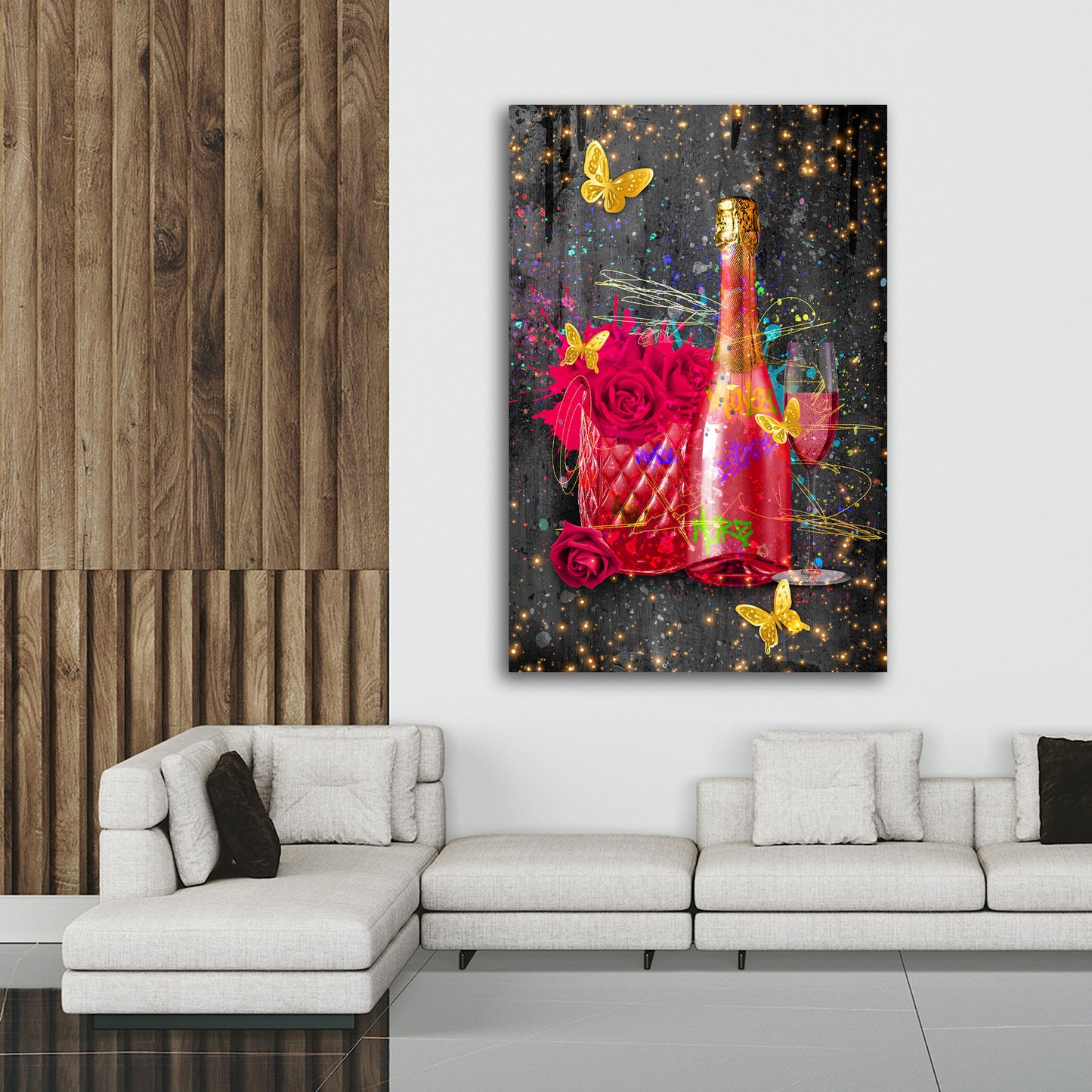 Wandbild Kunstwerk Pop Art Flasche mit Blumen und Schmetterlingen