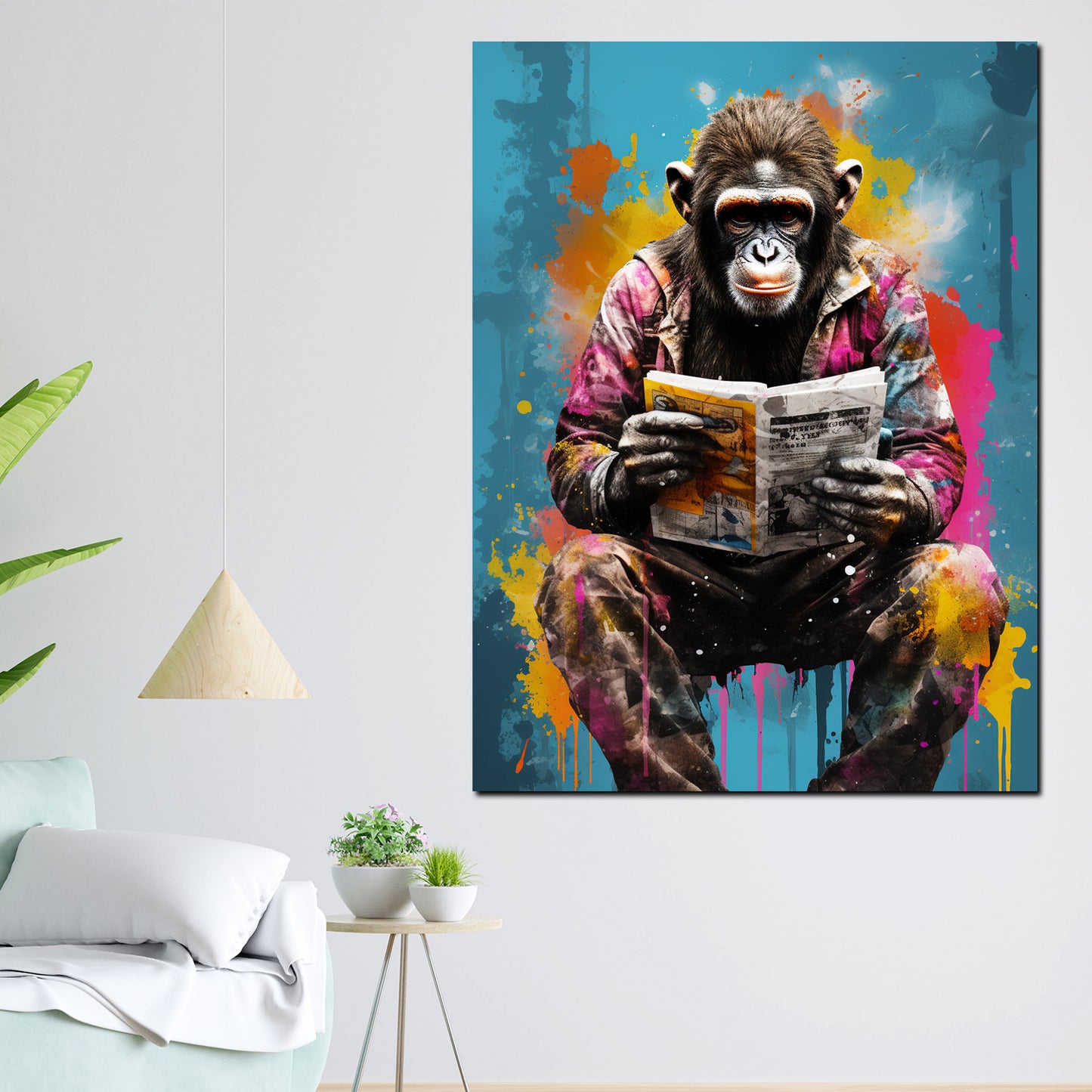 Wandbild Kunstwerk Pop Art Gorilla sitzend mit Zeitung