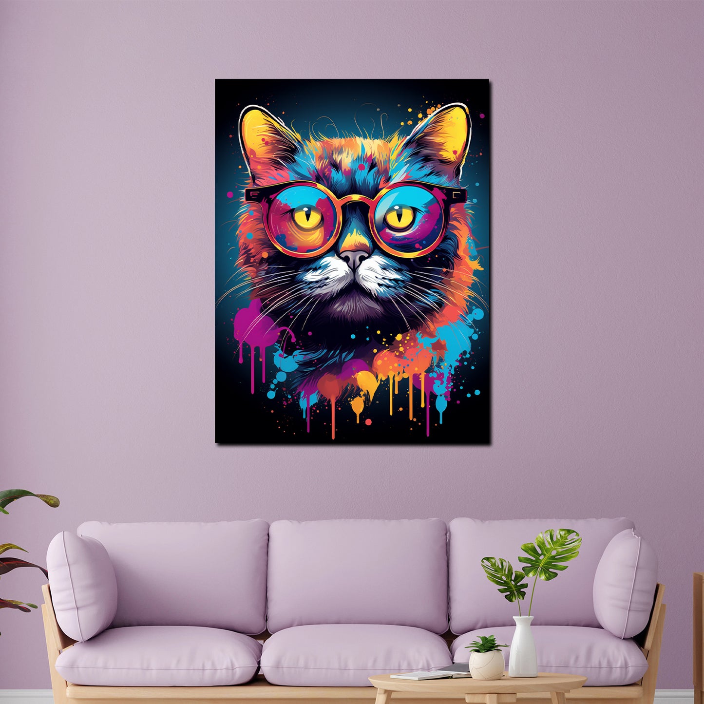 Wandbild Kunstwerk Pop Art Katze mit Brille Colour Splash