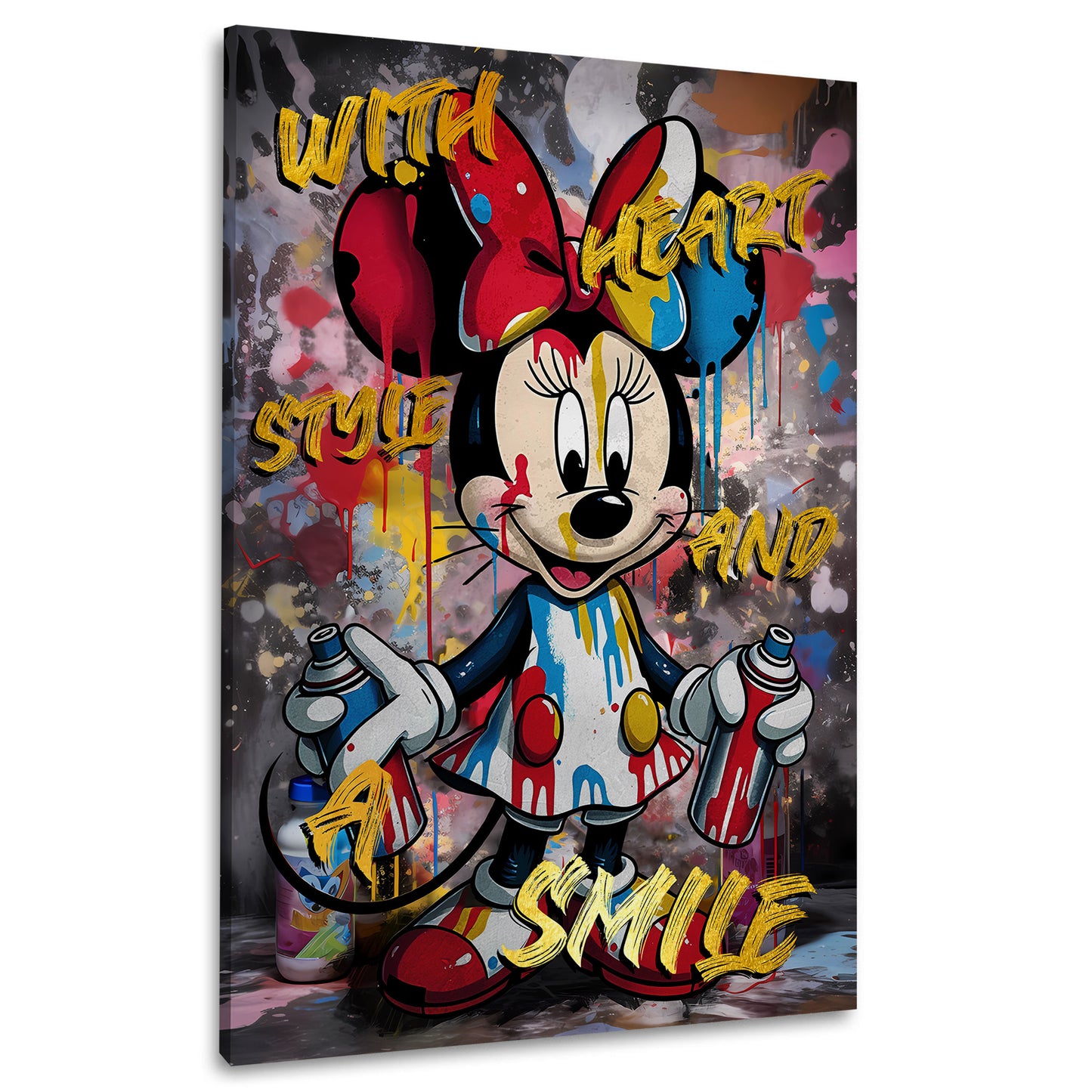 Wandbild Kunstwerk Pop Art Minnie Style mit Spraydosen und lebhaften Details