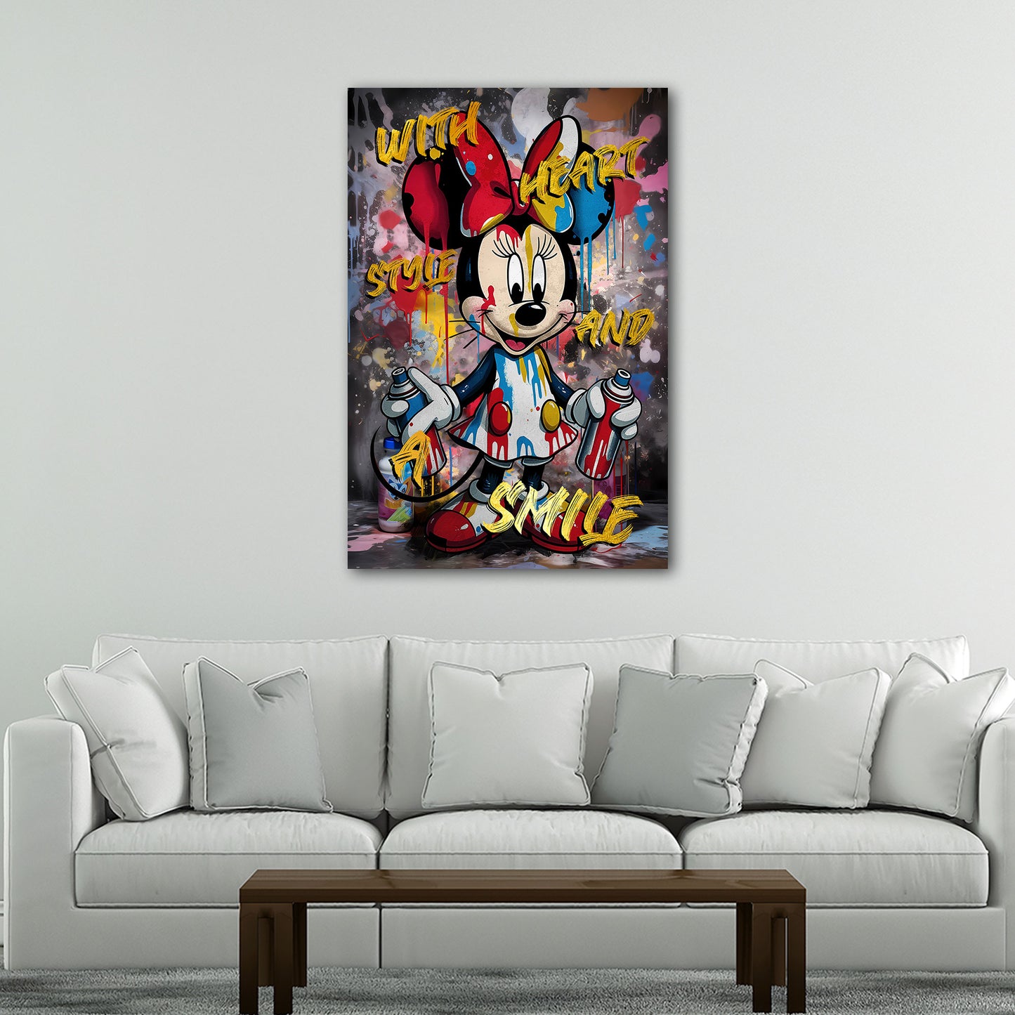 Wandbild Kunstwerk Pop Art Minnie Style mit Spraydosen und lebhaften Details